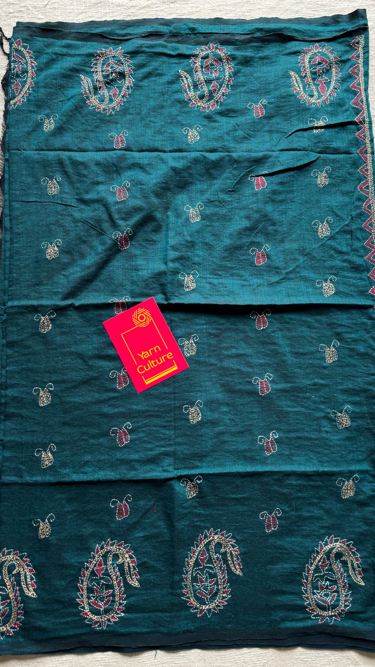 Mayurshobuj (ময়ূরশোবুজ) - Peacock Green, peacock green kantha weave in soft khadi cotton - YCBCKKC09