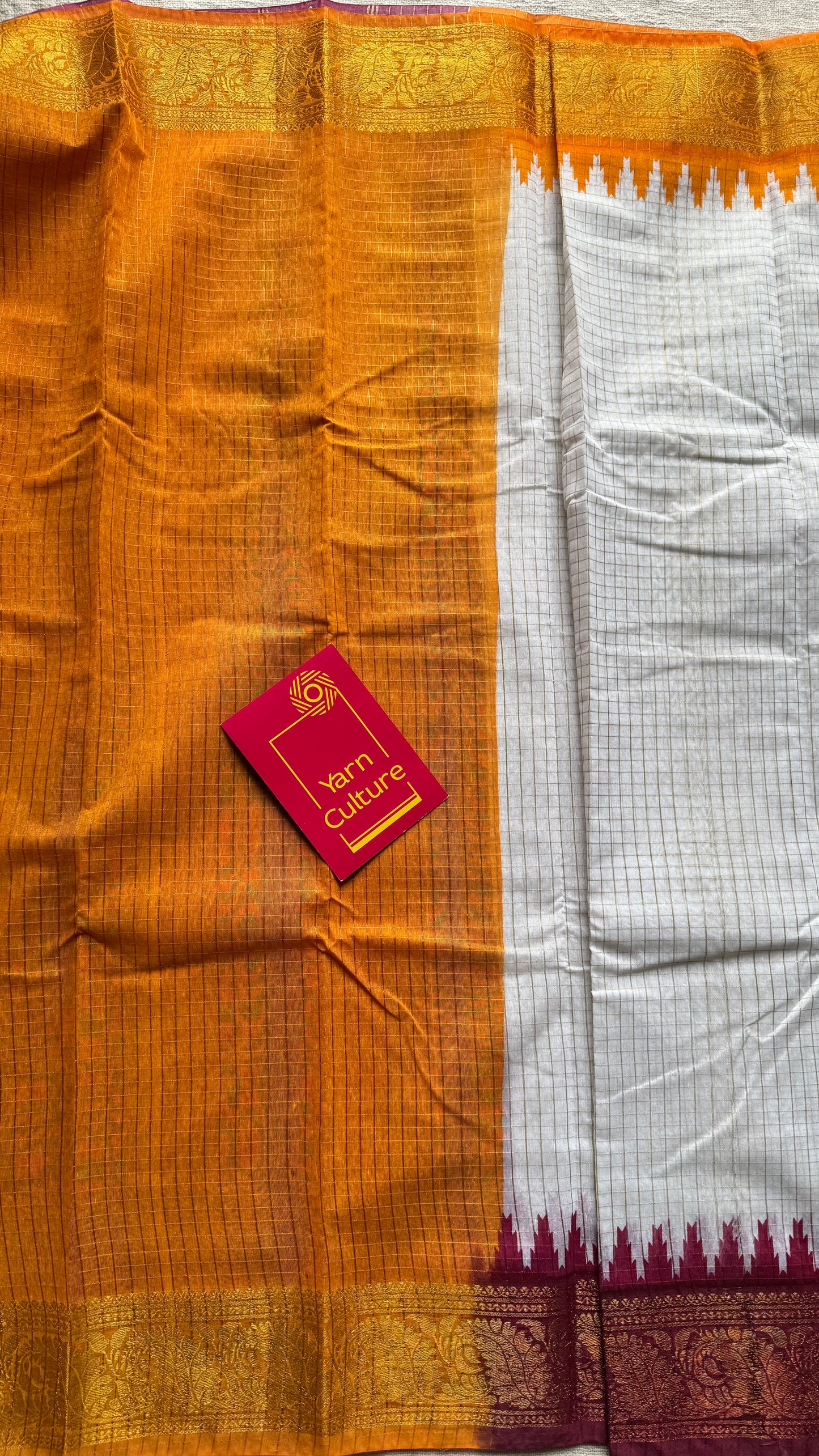 Dark Red - Yellow - sungudi cotton checks, ivory gold base, soft cotton - YCON25COTN101