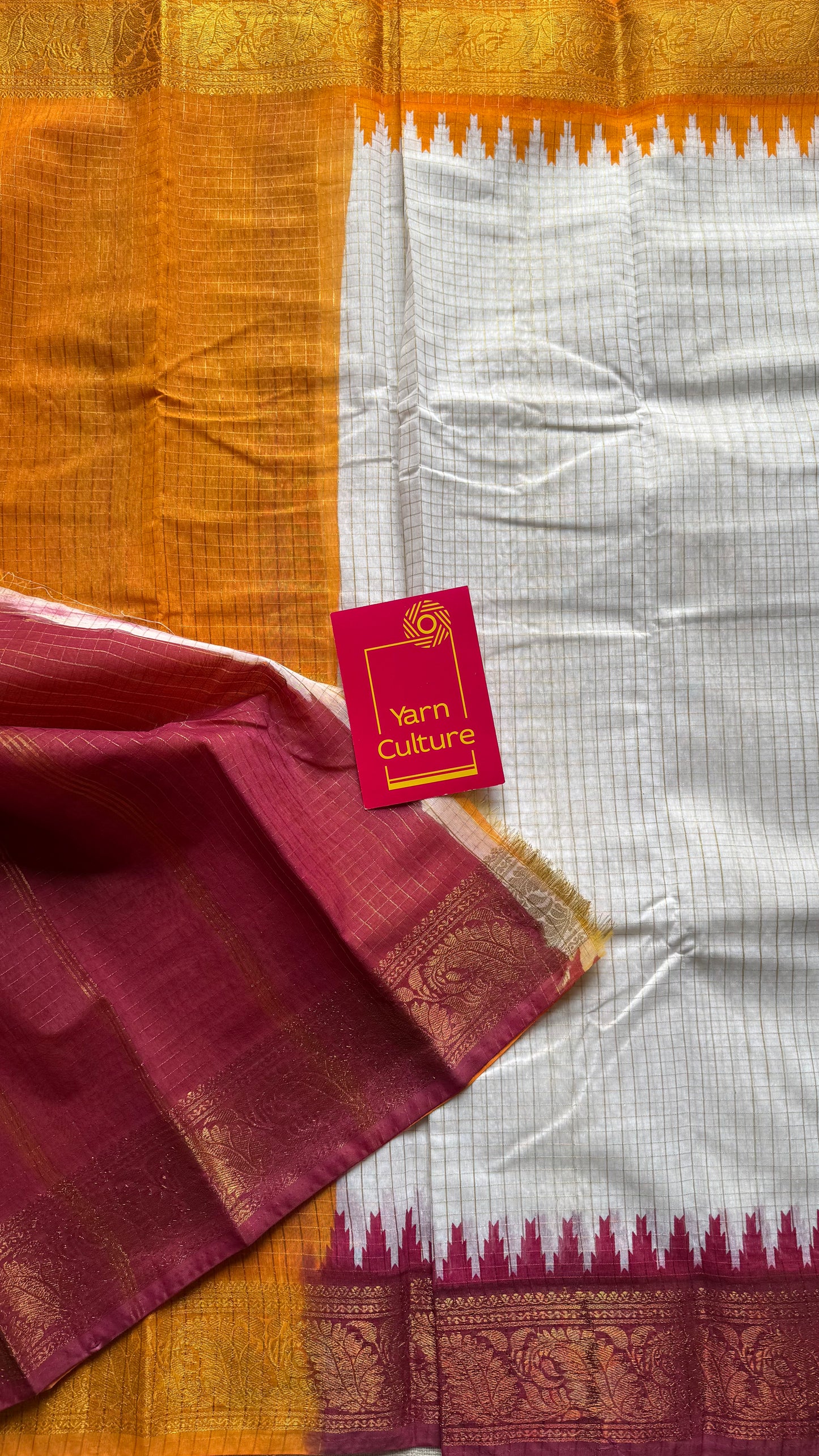 Dark Red - Yellow - sungudi cotton checks, ivory gold base, soft cotton - YCON25COTN101