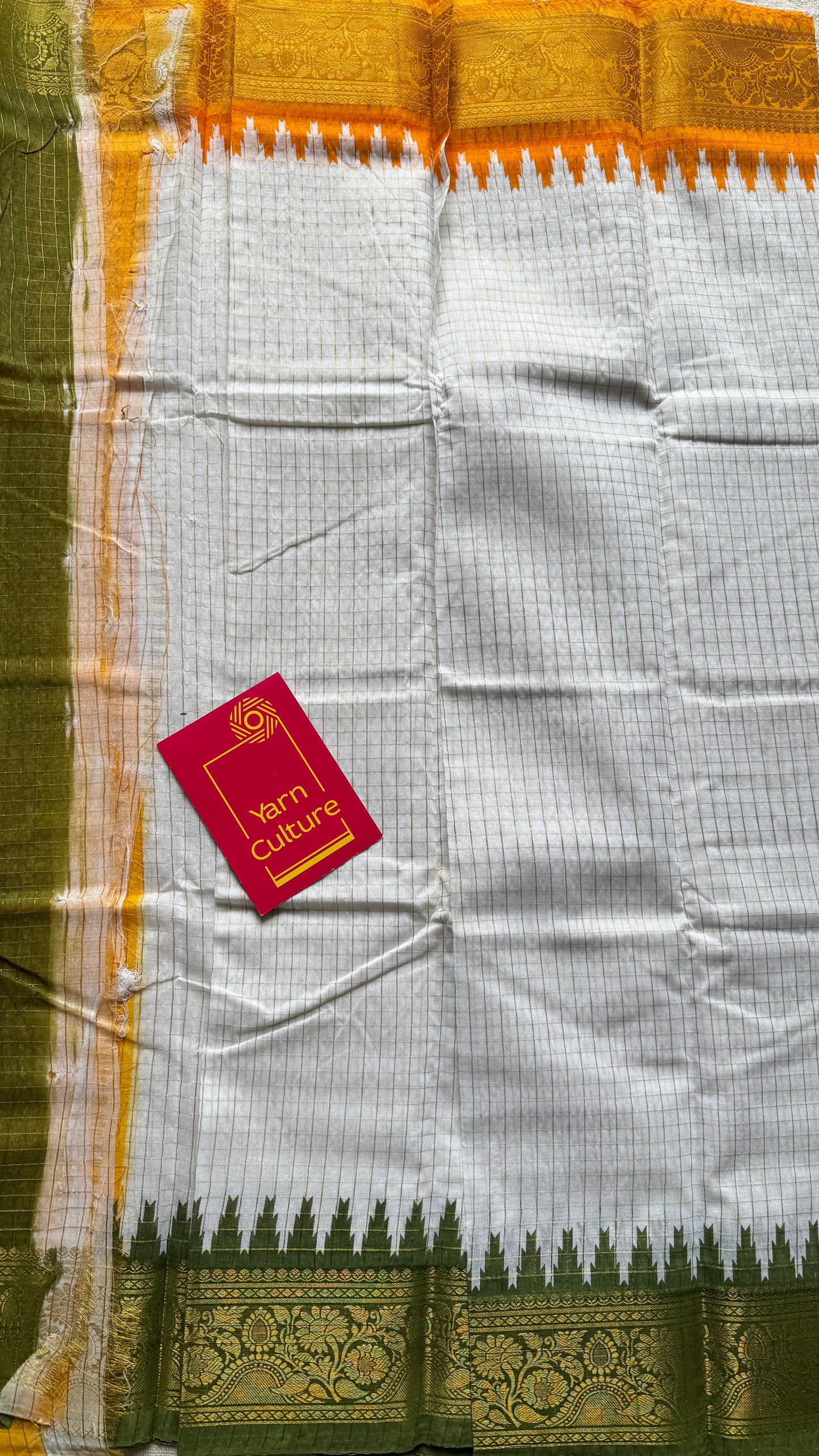 Green - Yellow - sungudi cotton checks, ivory gold base, soft cotton - YCON25COTN98