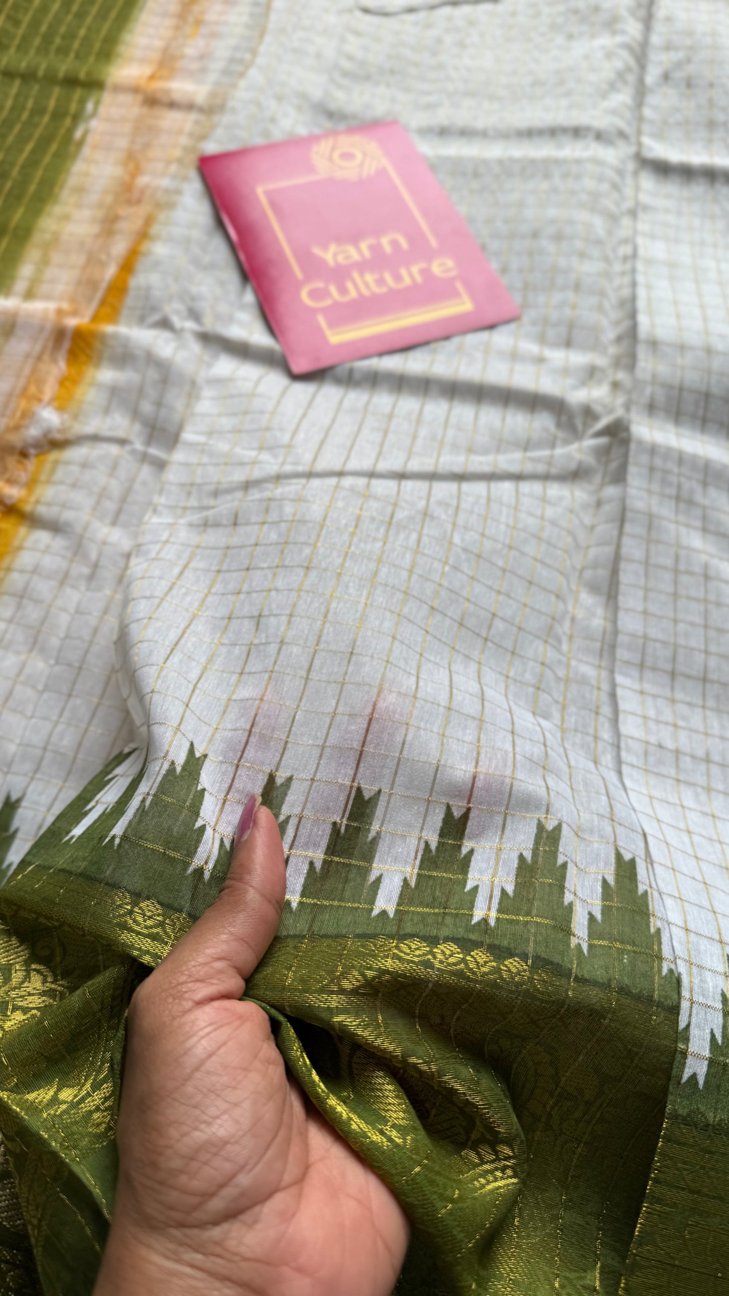 Green - Yellow - sungudi cotton checks, ivory gold base, soft cotton - YCON25COTN98