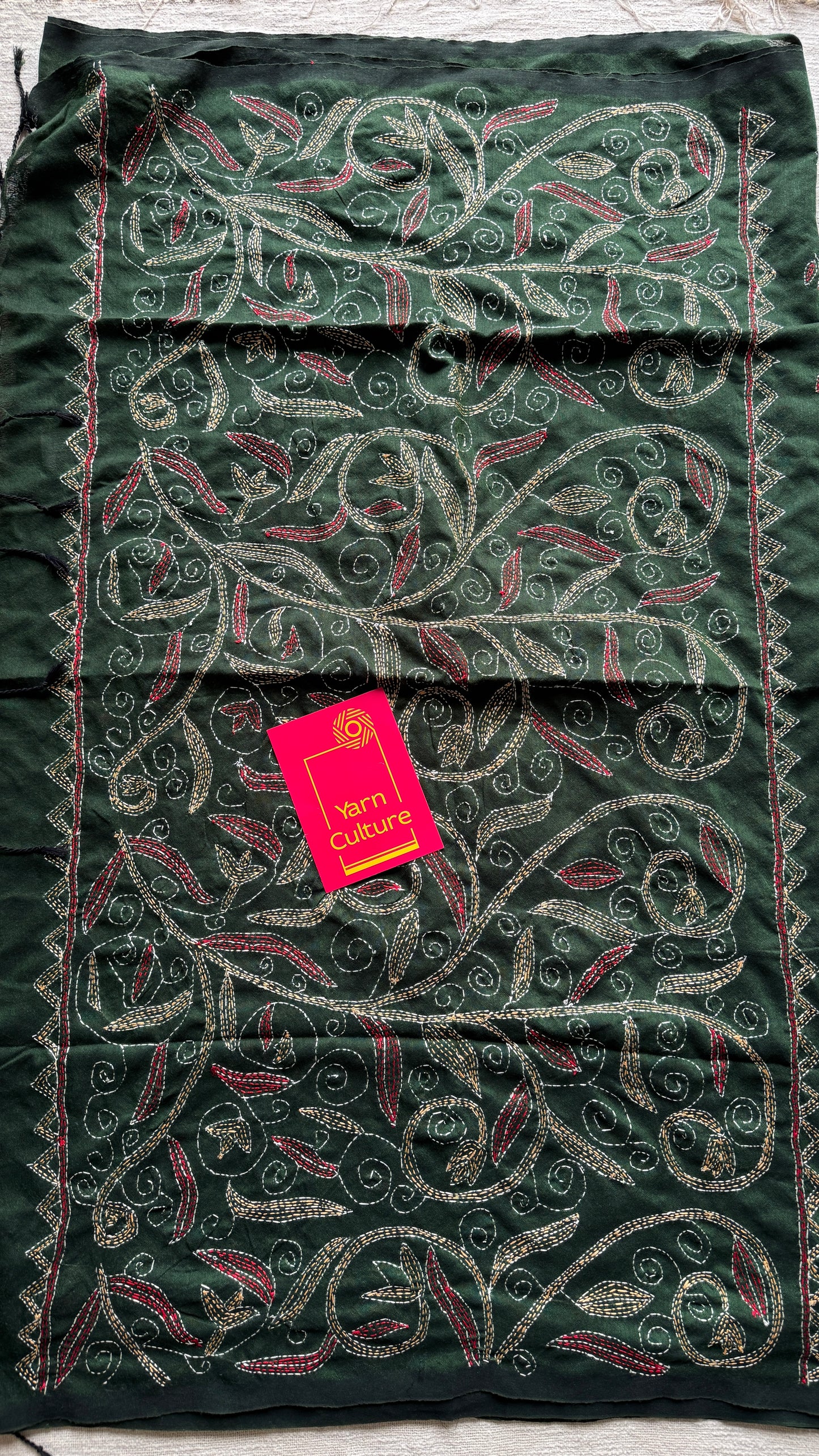 Pata Gaatha (পাতা গাথা) - Leaf Tale, green kantha weave in soft khadi cotton - YCBCKKC07