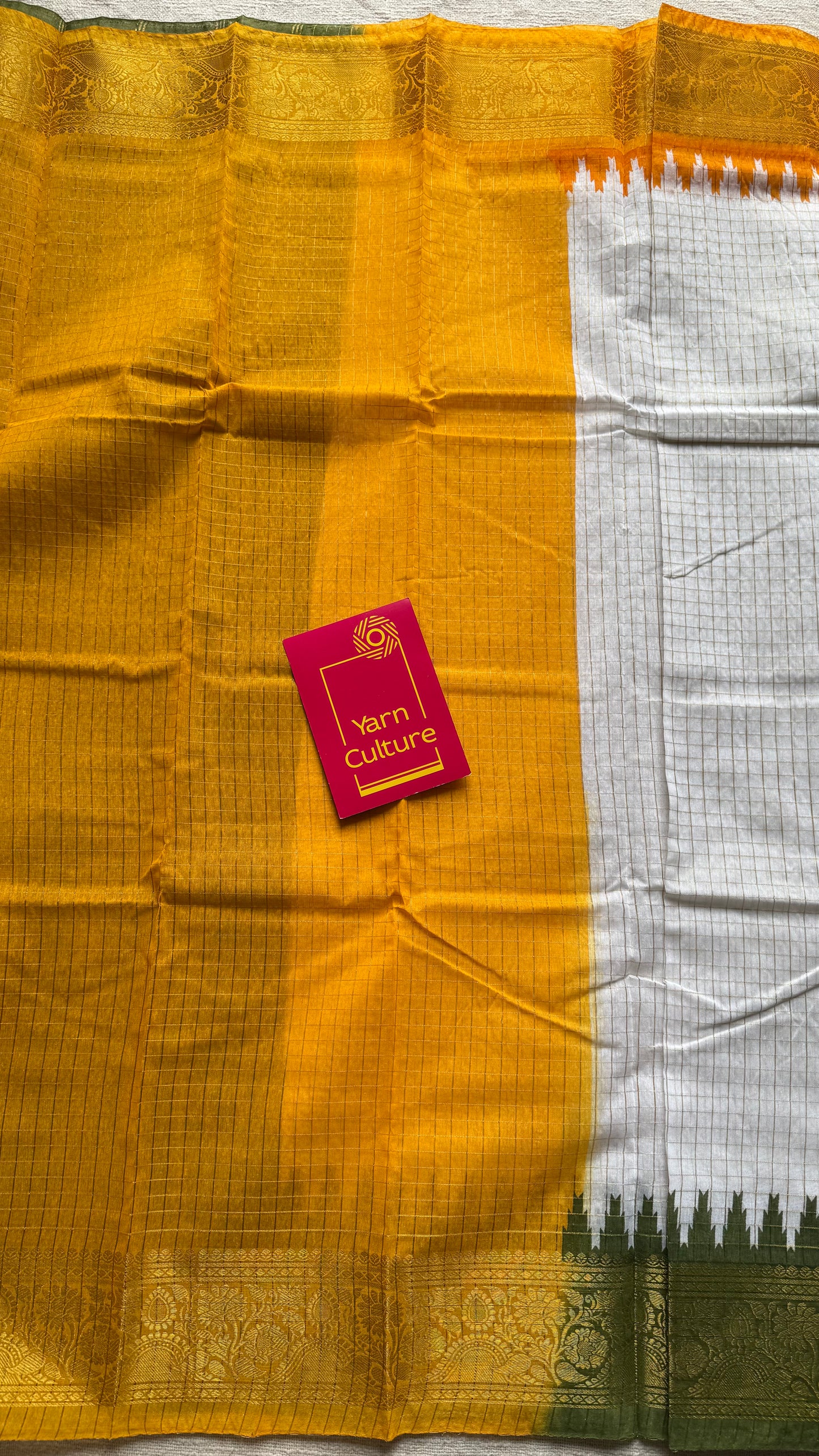 Green - Yellow - sungudi cotton checks, ivory gold base, soft cotton - YCON25COTN98