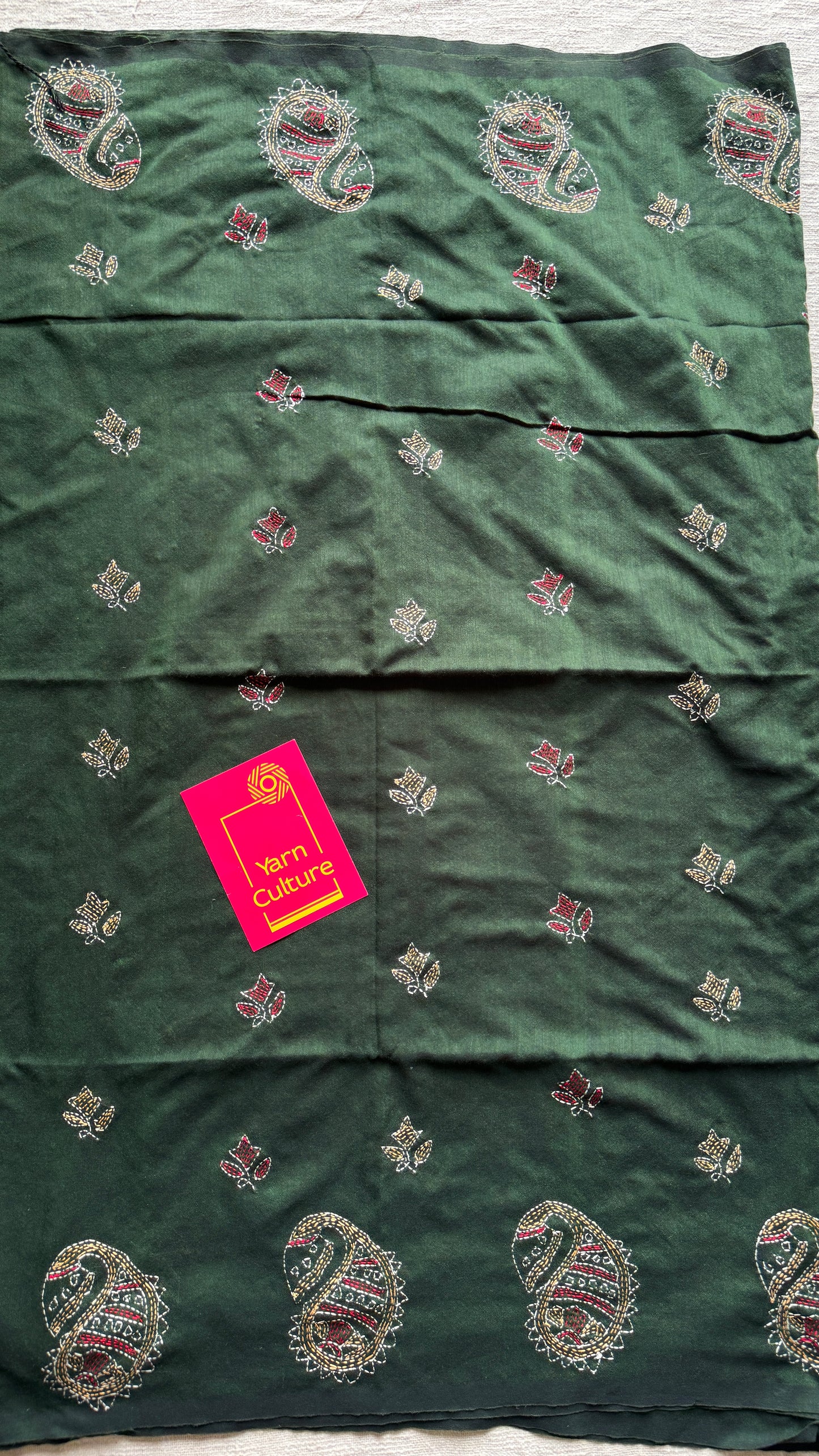 Pata Gaatha (পাতা গাথা) - Leaf Tale, green kantha weave in soft khadi cotton - YCBCKKC07