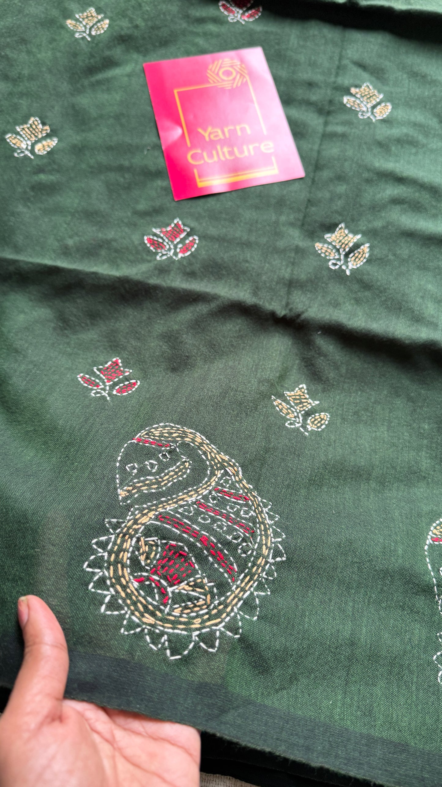 Pata Gaatha (পাতা গাথা) - Leaf Tale, green kantha weave in soft khadi cotton - YCBCKKC07