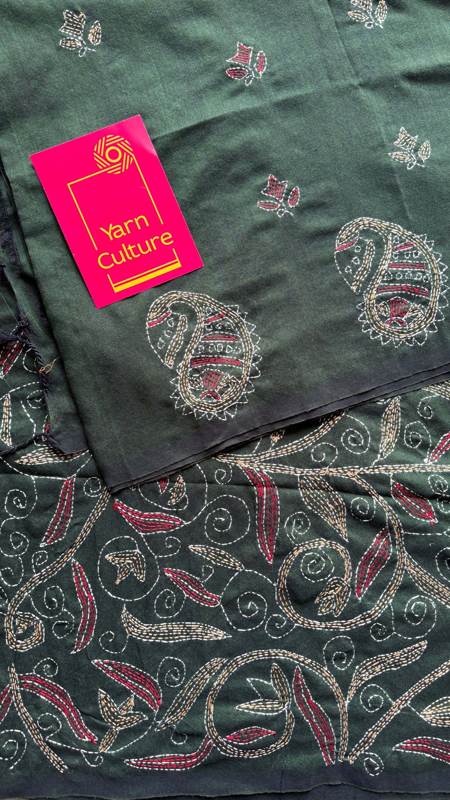 Pata Gaatha (পাতা গাথা) - Leaf Tale, green kantha weave in soft khadi cotton - YCBCKKC07
