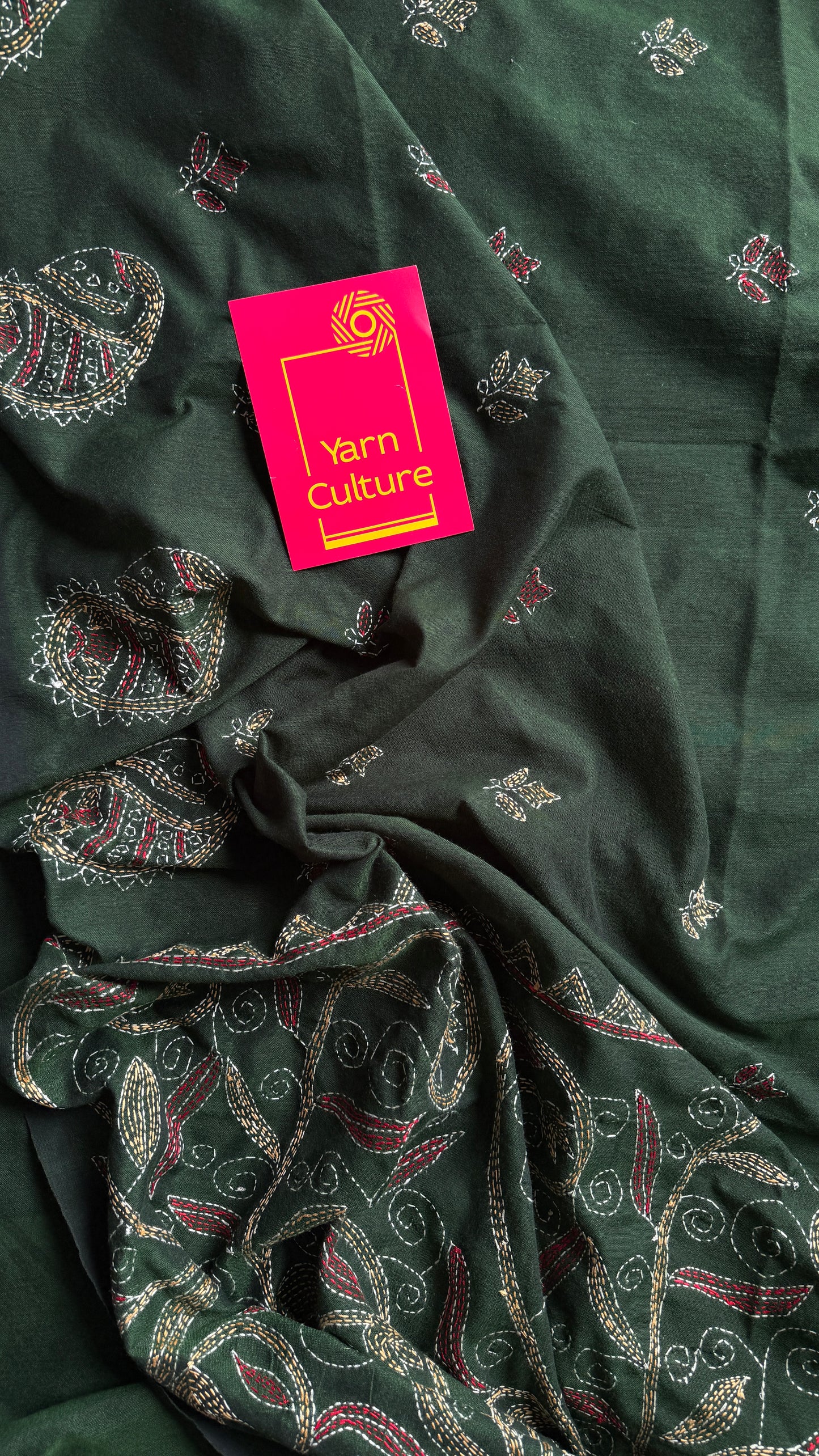 Pata Gaatha (পাতা গাথা) - Leaf Tale, green kantha weave in soft khadi cotton - YCBCKKC07