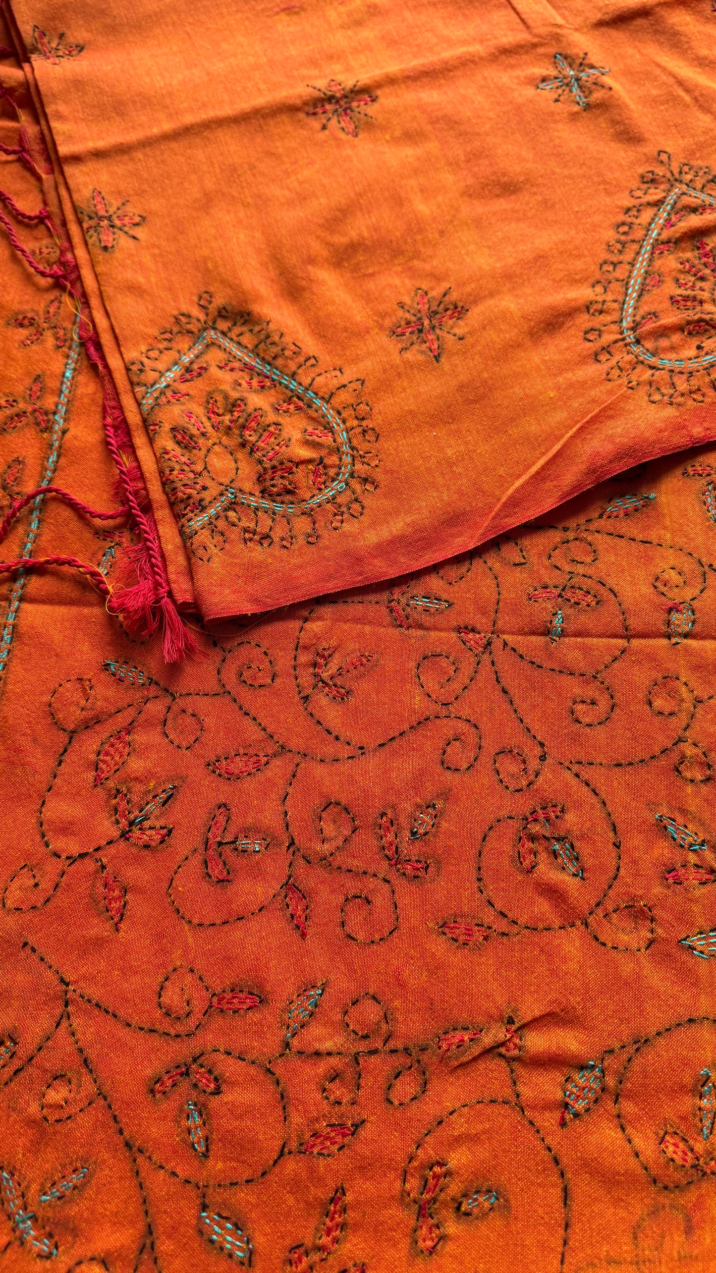 Shondhya Alo (সন্ধ্যা আলো) - Evening Light, orange kantha weave in soft khadi cotton - YCBCKKC03