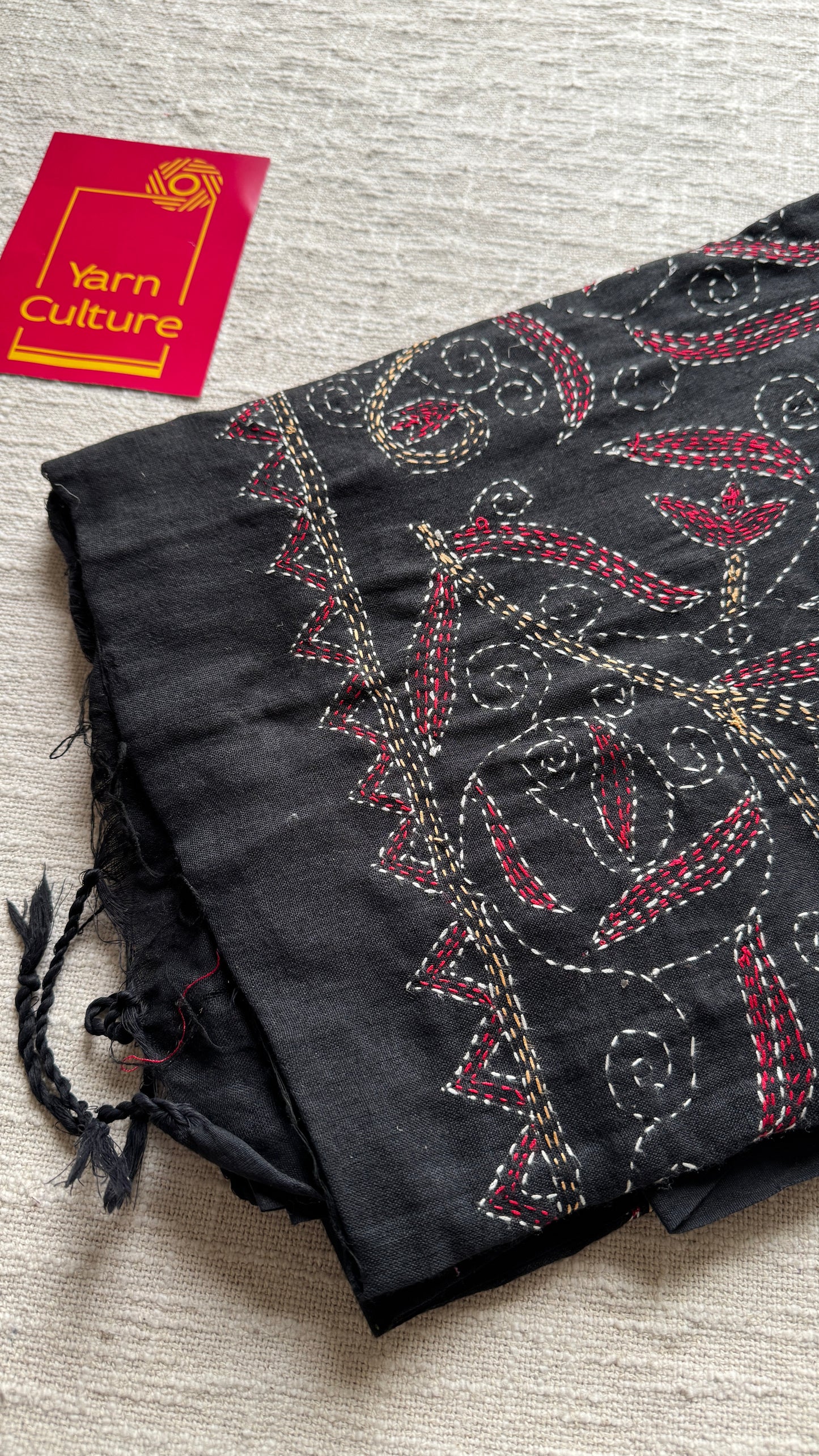 Kaaj Kaalo (কাজ কালো) - Embroidered Black, kantha weave in soft khadi cotton - YCBCKKC01