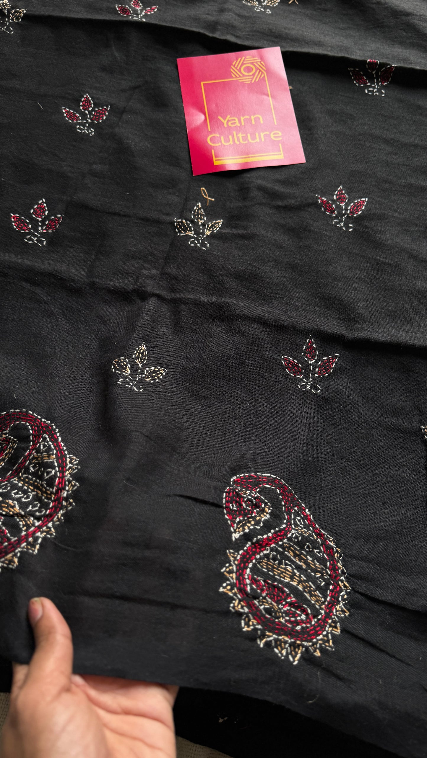 Kaaj Kaalo (কাজ কালো) - Embroidered Black, kantha weave in soft khadi cotton - YCBCKKC01
