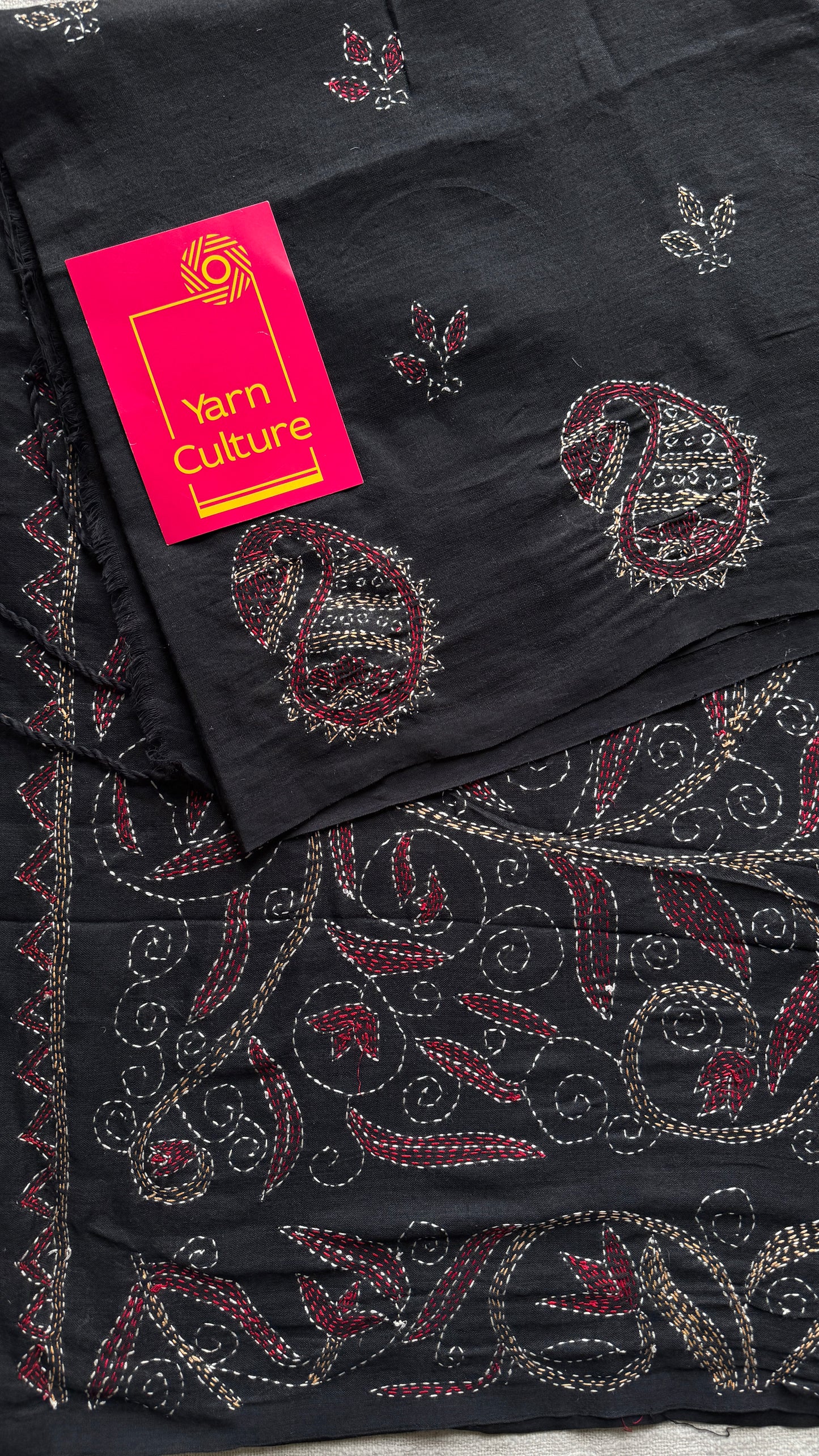 Kaaj Kaalo (কাজ কালো) - Embroidered Black, kantha weave in soft khadi cotton - YCBCKKC01