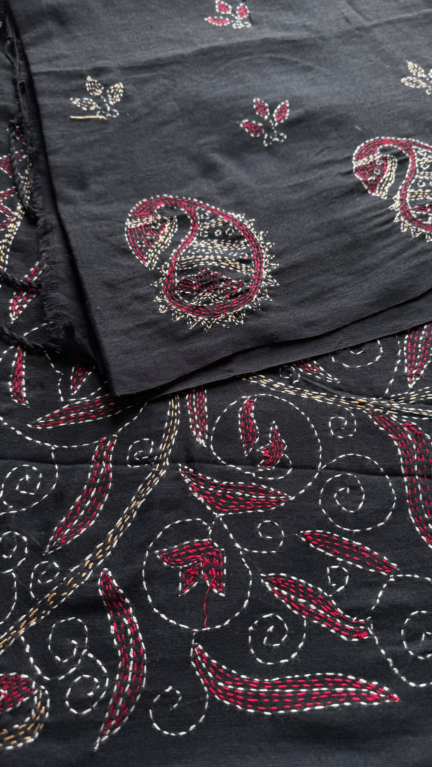 Kaaj Kaalo (কাজ কালো) - Embroidered Black, kantha weave in soft khadi cotton - YCBCKKC01
