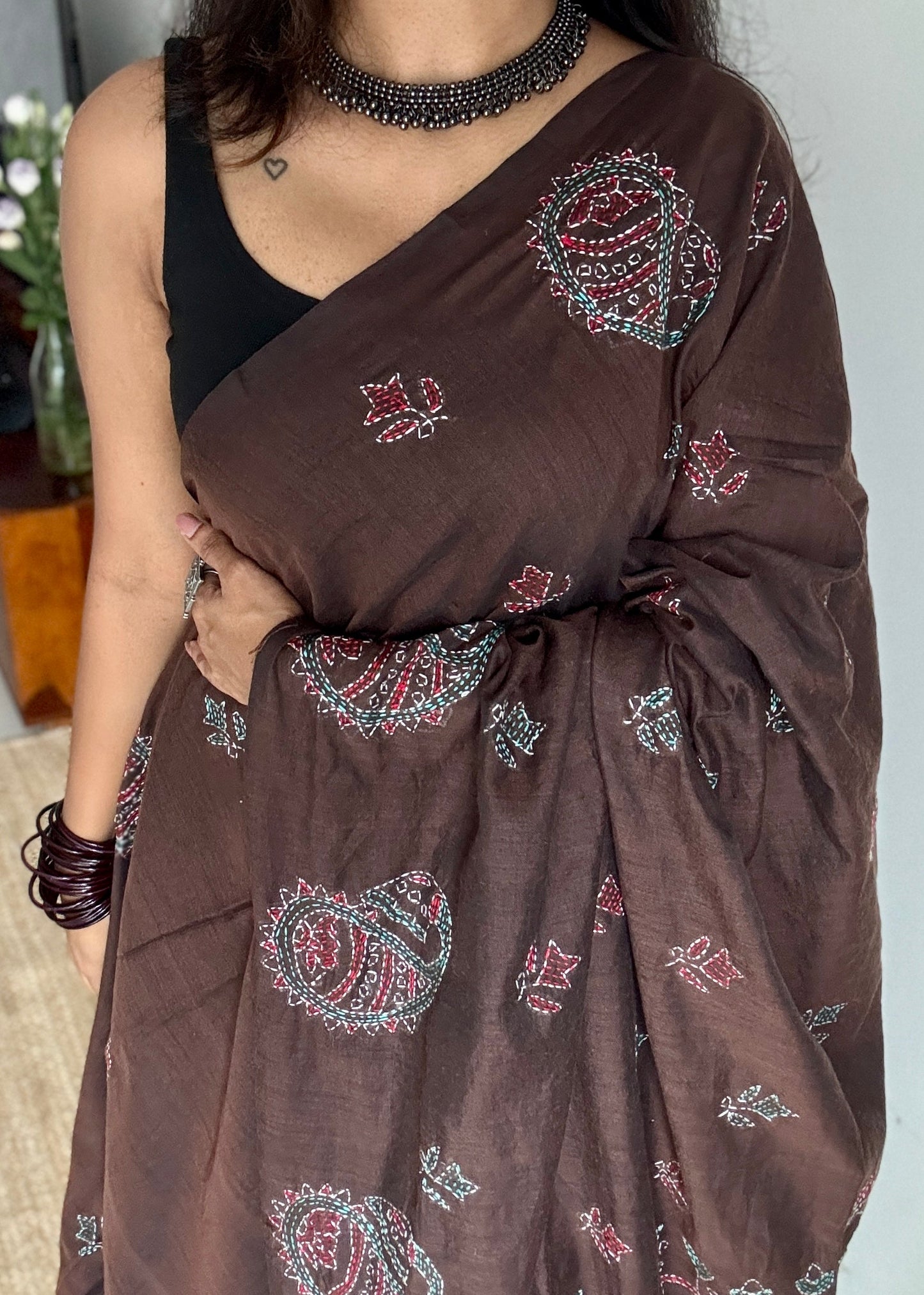 Mrittikar Gondho (মৃত্তিকার গন্ধ) - The Scent of Soil, dark brown kantha weave in soft khadi cotton - YCBCKKC08