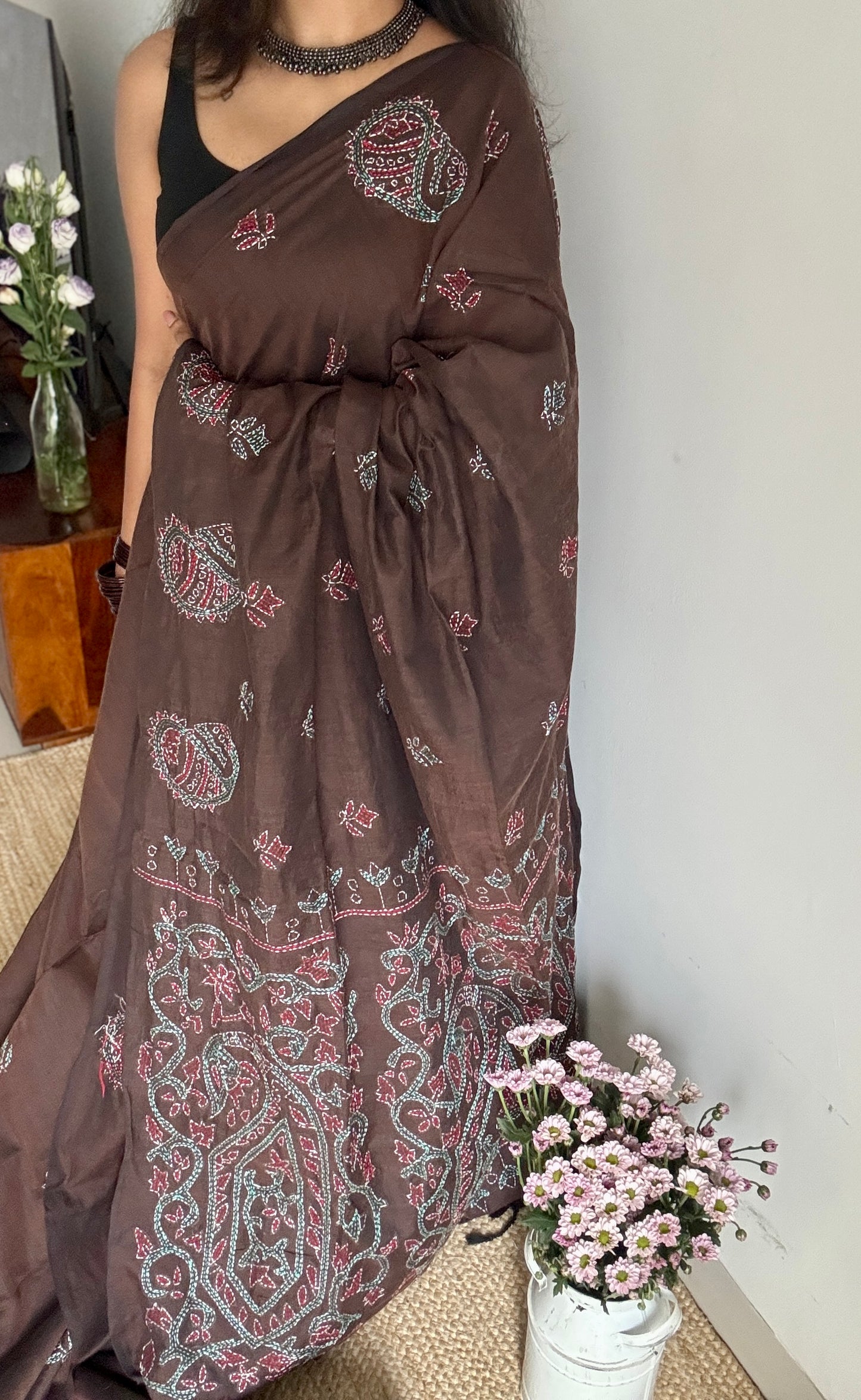 Mrittikar Gondho (মৃত্তিকার গন্ধ) - The Scent of Soil, dark brown kantha weave in soft khadi cotton - YCBCKKC08