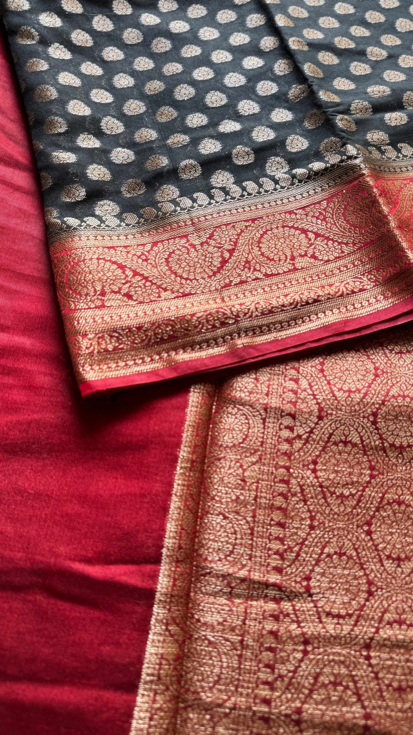 Kohl & Kumkum - Black antique gold with contrast maroon border & pallu, Banarasi semi georgette