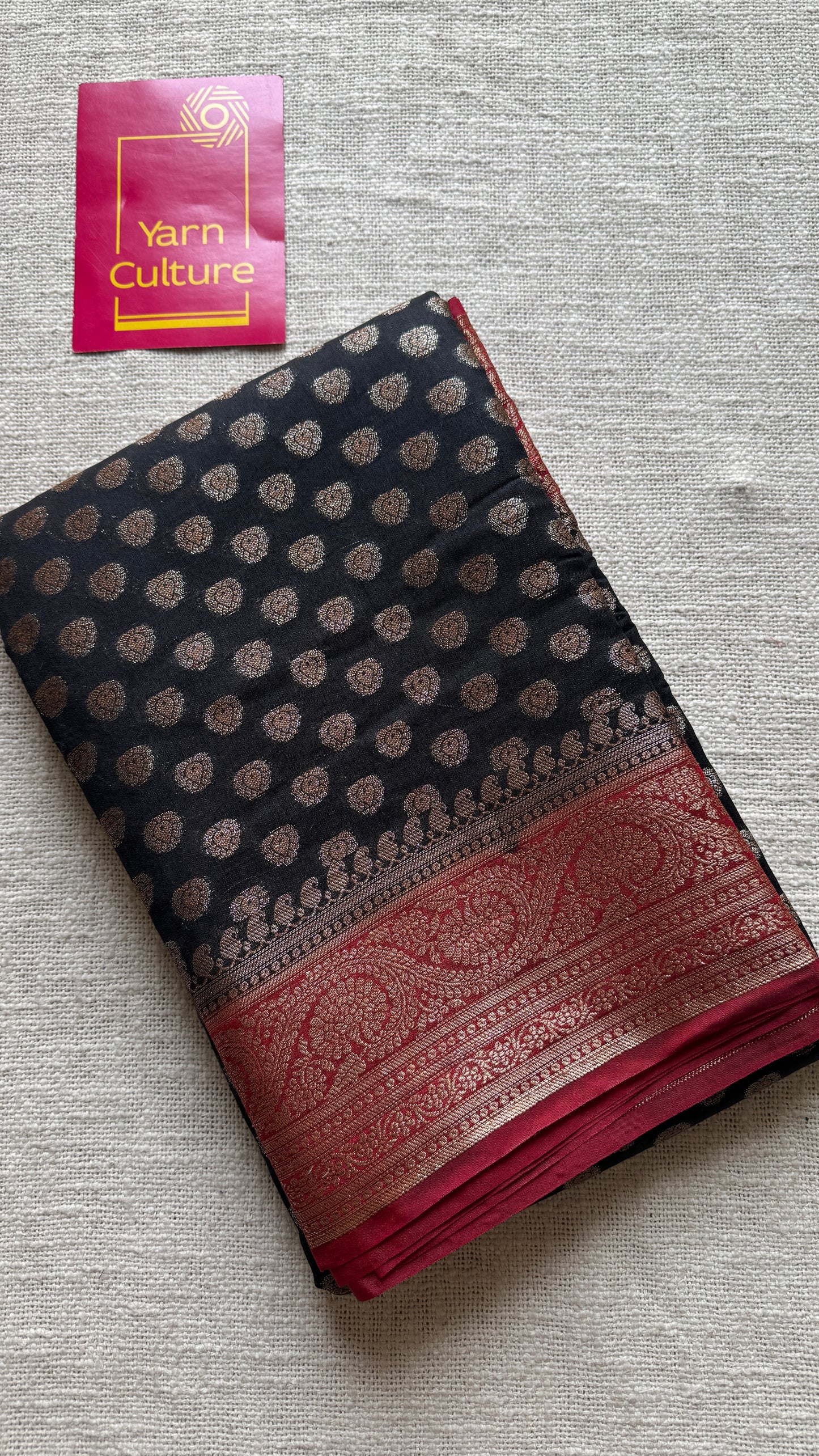 Kohl & Kumkum - Black antique gold with contrast maroon border & pallu, Banarasi semi georgette