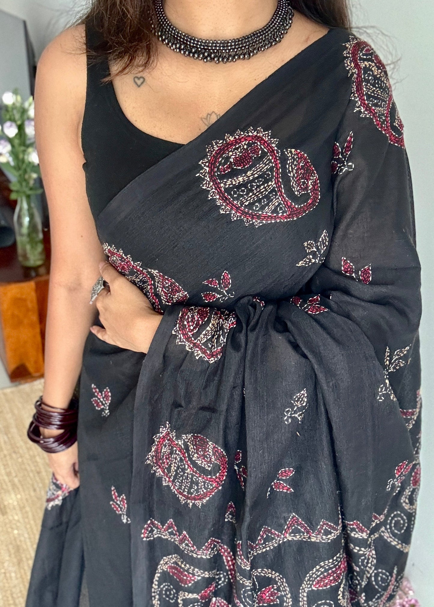 Kaaj Kaalo (কাজ কালো) - Embroidered Black, kantha weave in soft khadi cotton - YCBCKKC01