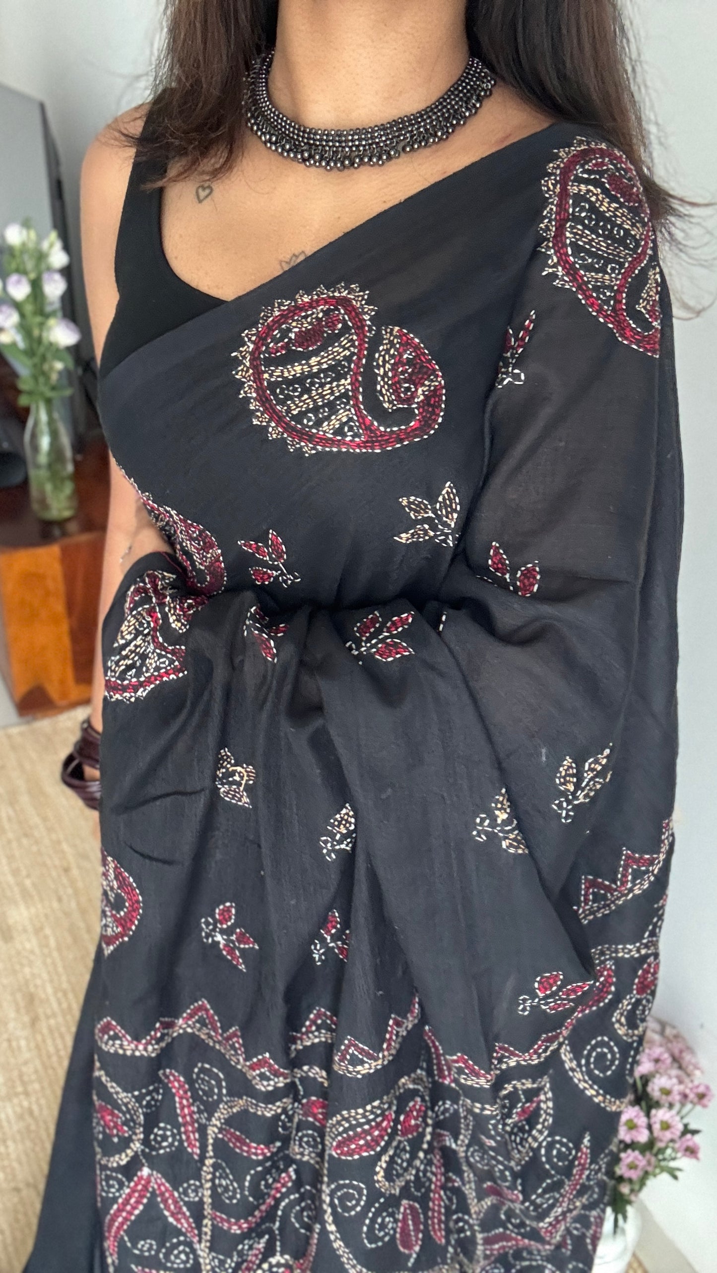 Kaaj Kaalo (কাজ কালো) - Embroidered Black, kantha weave in soft khadi cotton - YCBCKKC01