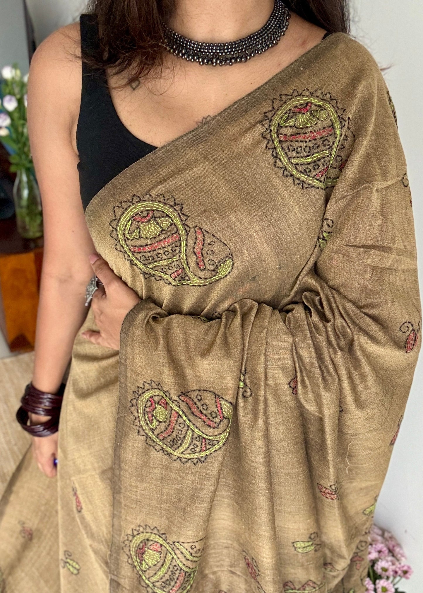 Mrittika (মৃত্তিকা) - Earth or Soil - warm greyish brown kantha weave in soft khadi cotton - YCBCKKC06