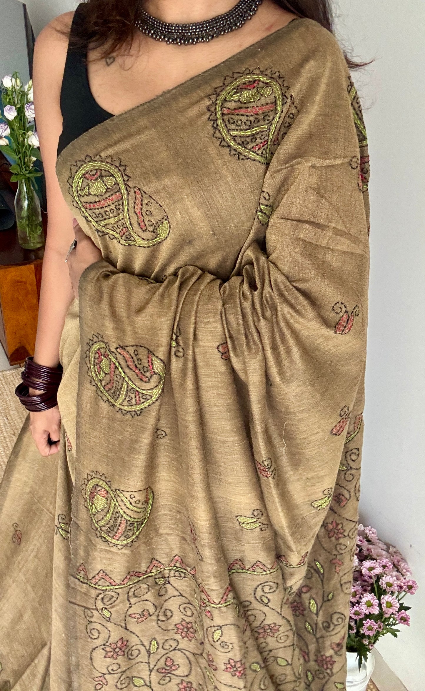 Mrittika (মৃত্তিকা) - Earth or Soil - warm greyish brown kantha weave in soft khadi cotton - YCBCKKC06