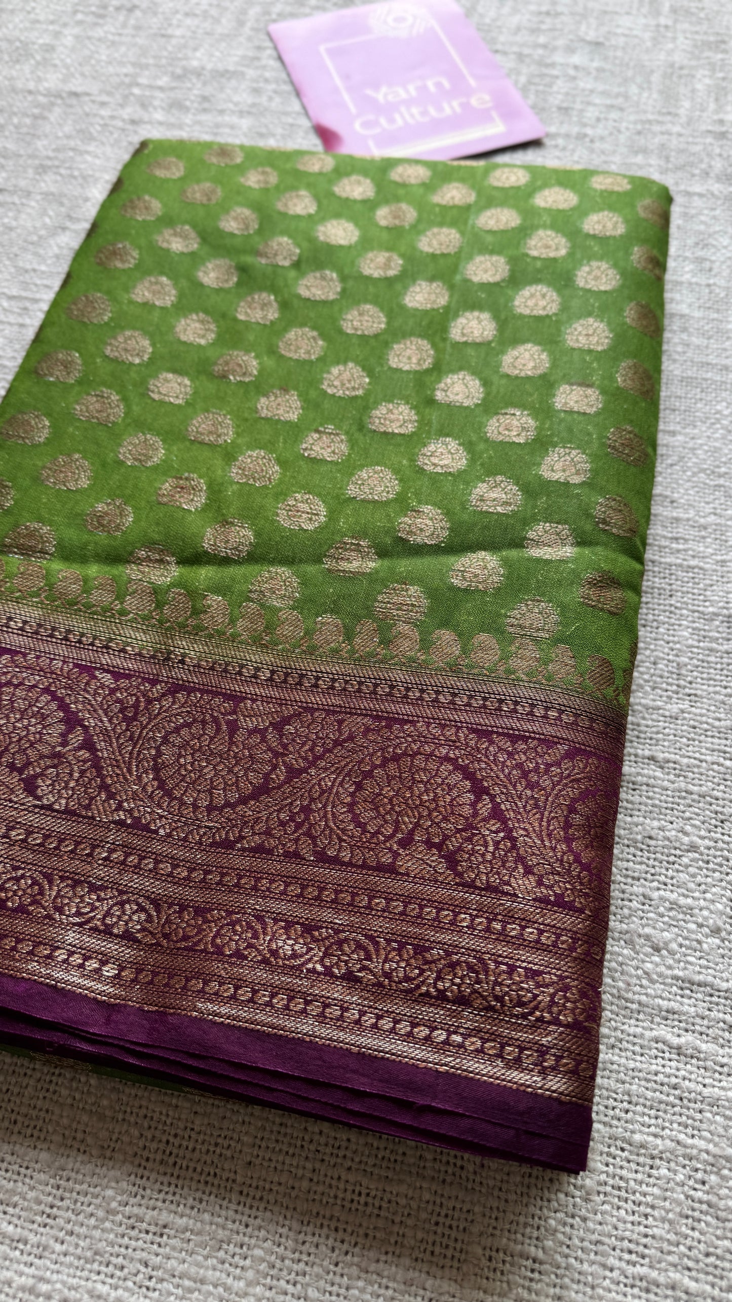 Mehendi Rang - Green antique gold with contrast purple border & pallu, Banarasi semi georgette