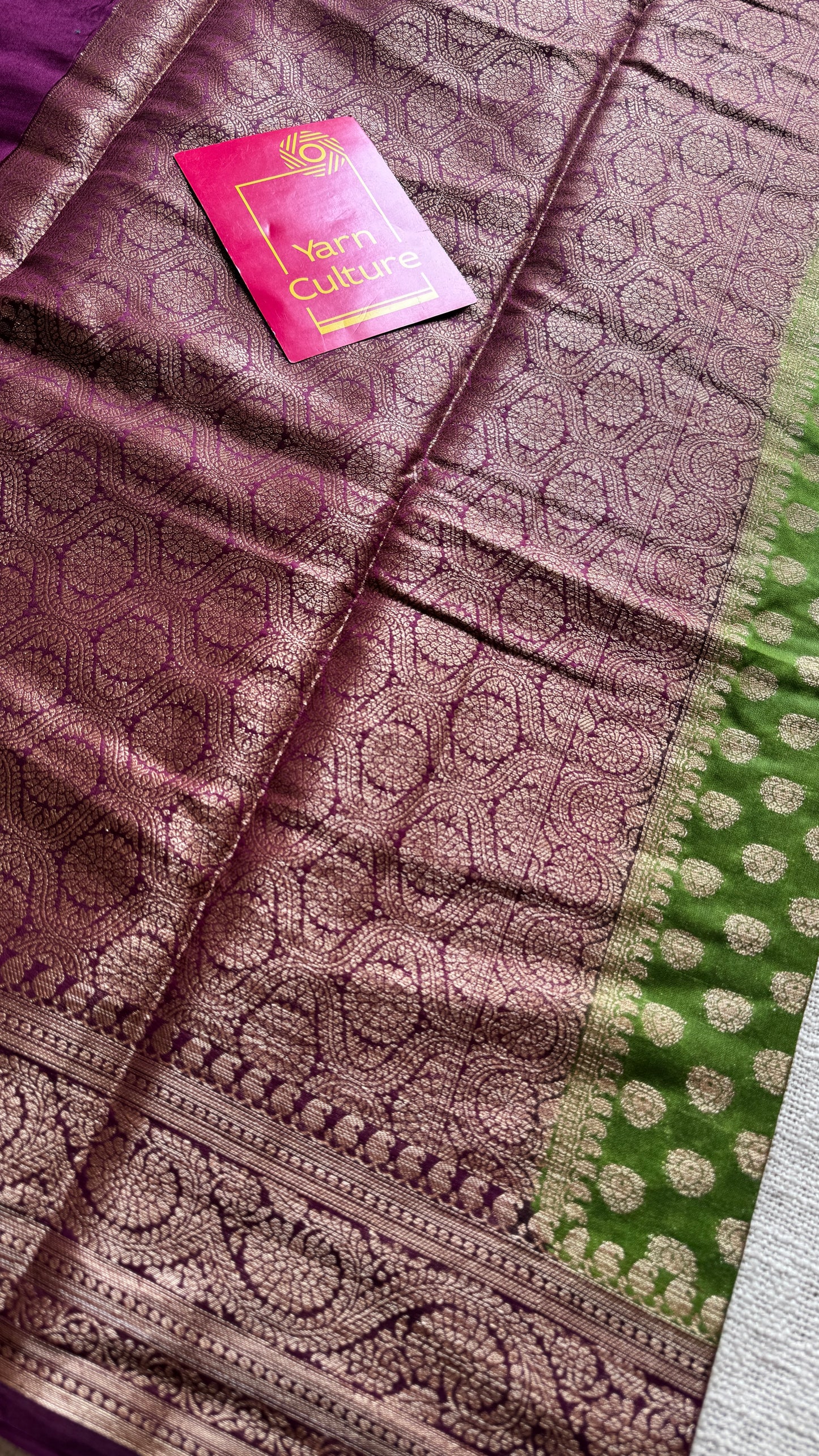 Mehendi Rang - Green antique gold with contrast purple border & pallu, Banarasi semi georgette