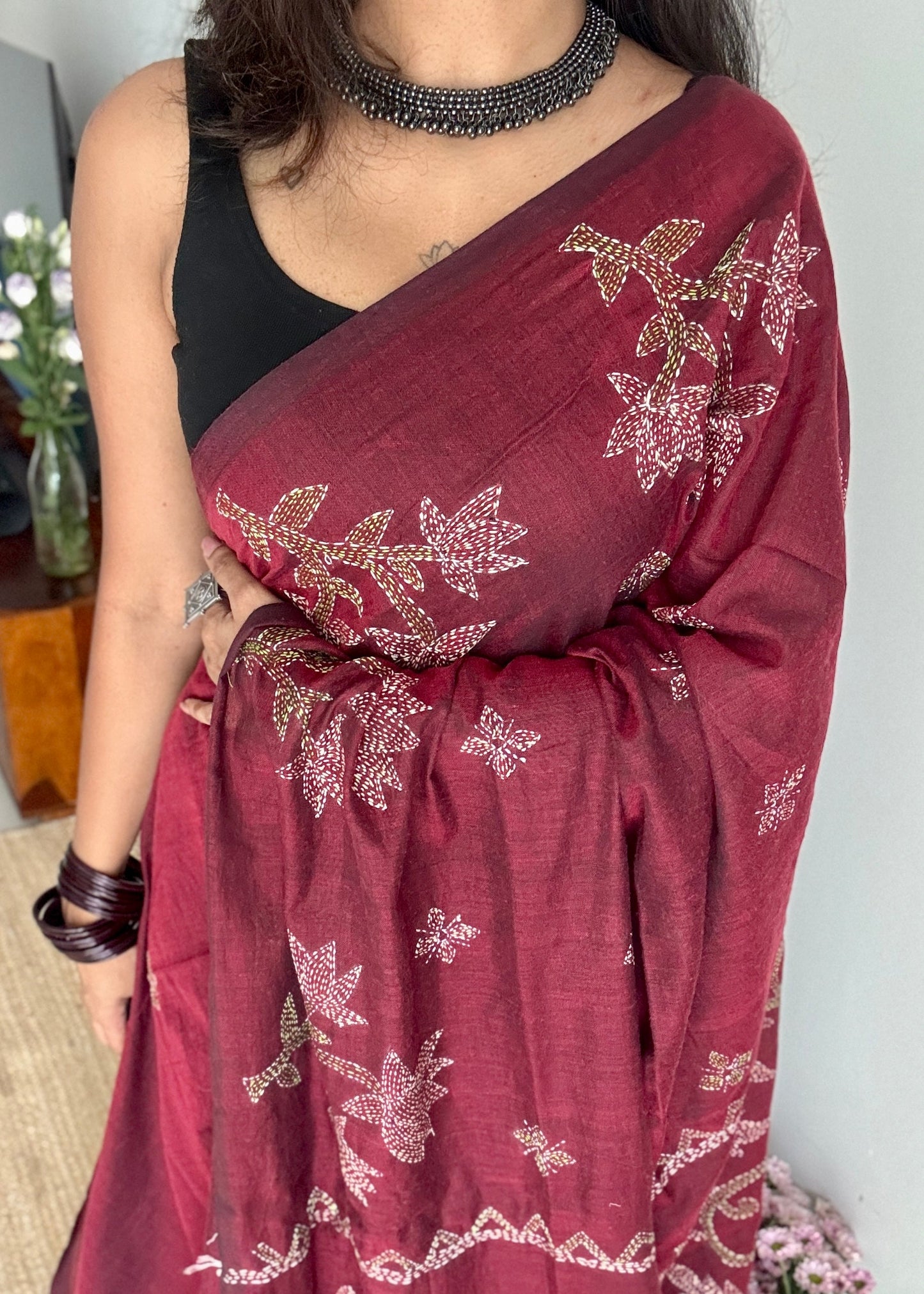 Aalta Gatha (আলতা গাথা) - Tale of Aalta, maroon kantha weave in soft khadi cotton - YCBCKKC05