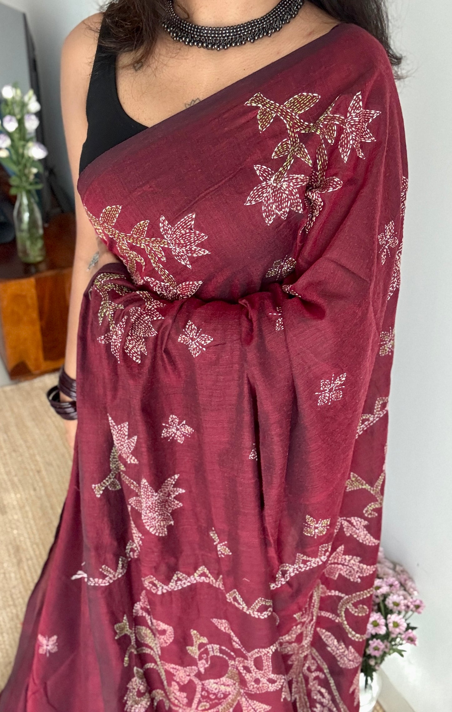 Aalta Gatha (আলতা গাথা) - Tale of Aalta, maroon kantha weave in soft khadi cotton - YCBCKKC05