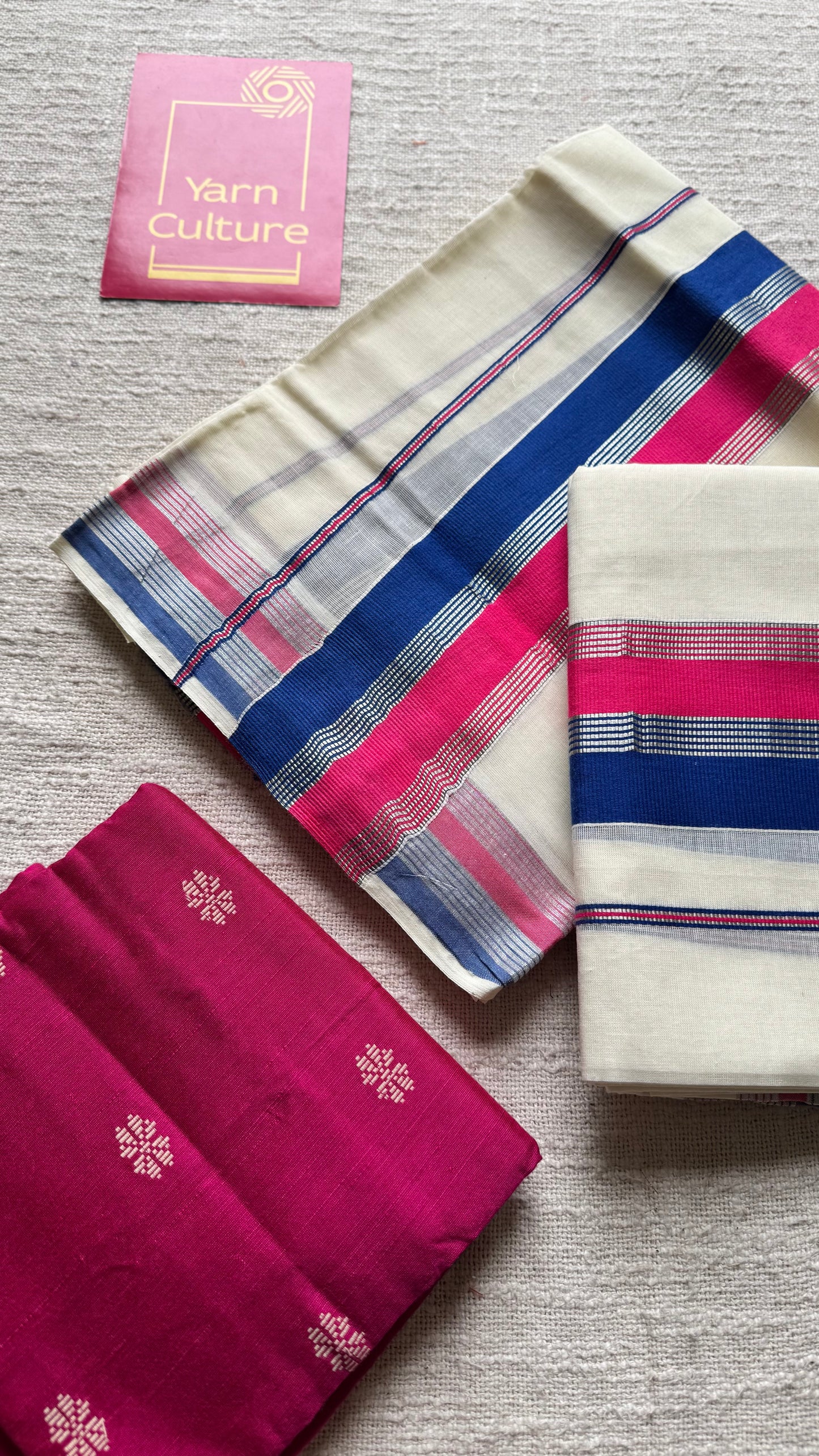 Set mund in ivory and gold with blue and pink kara (border) - YCON25KCST155
