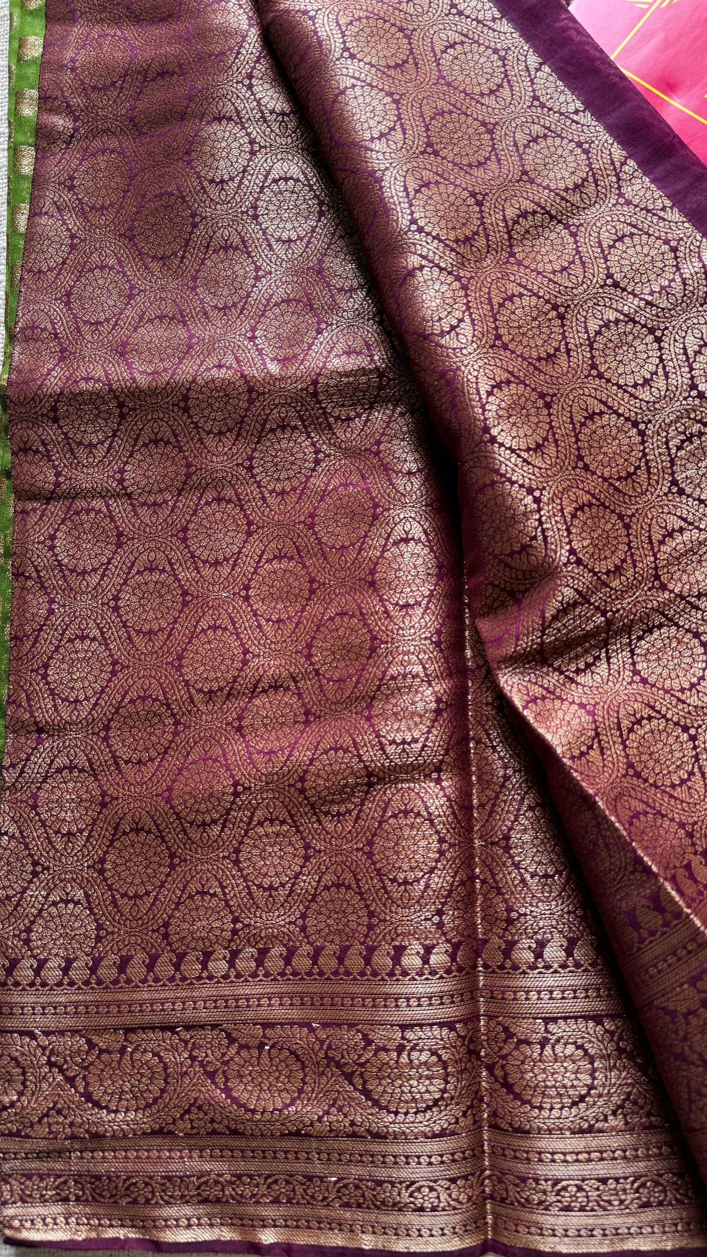 Mehendi Rang - Green antique gold with contrast purple border & pallu, Banarasi semi georgette