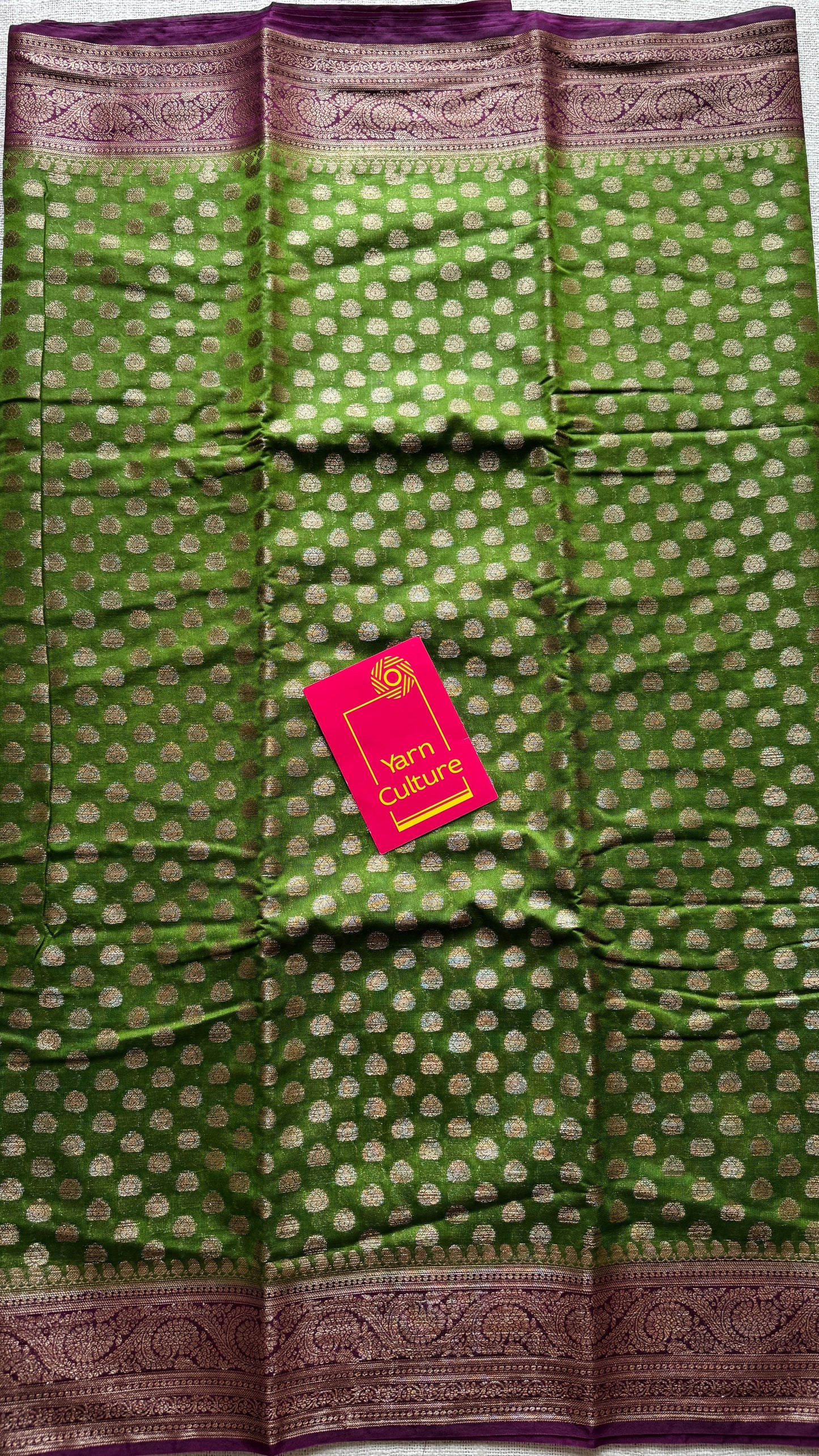 Mehendi Rang - Green antique gold with contrast purple border & pallu, Banarasi semi georgette
