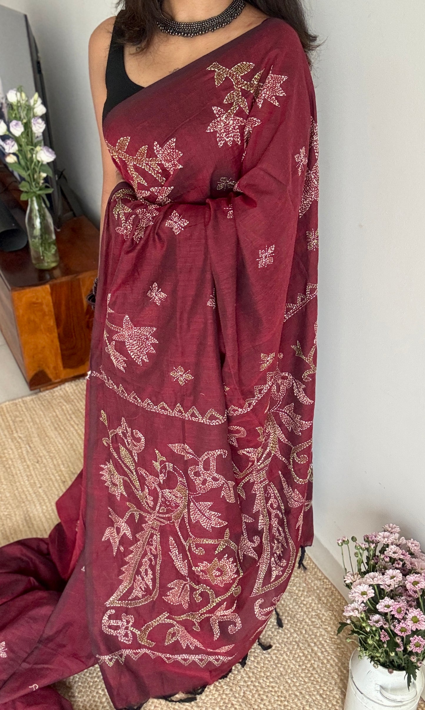 Aalta Gatha (আলতা গাথা) - Tale of Aalta, maroon kantha weave in soft khadi cotton - YCBCKKC05
