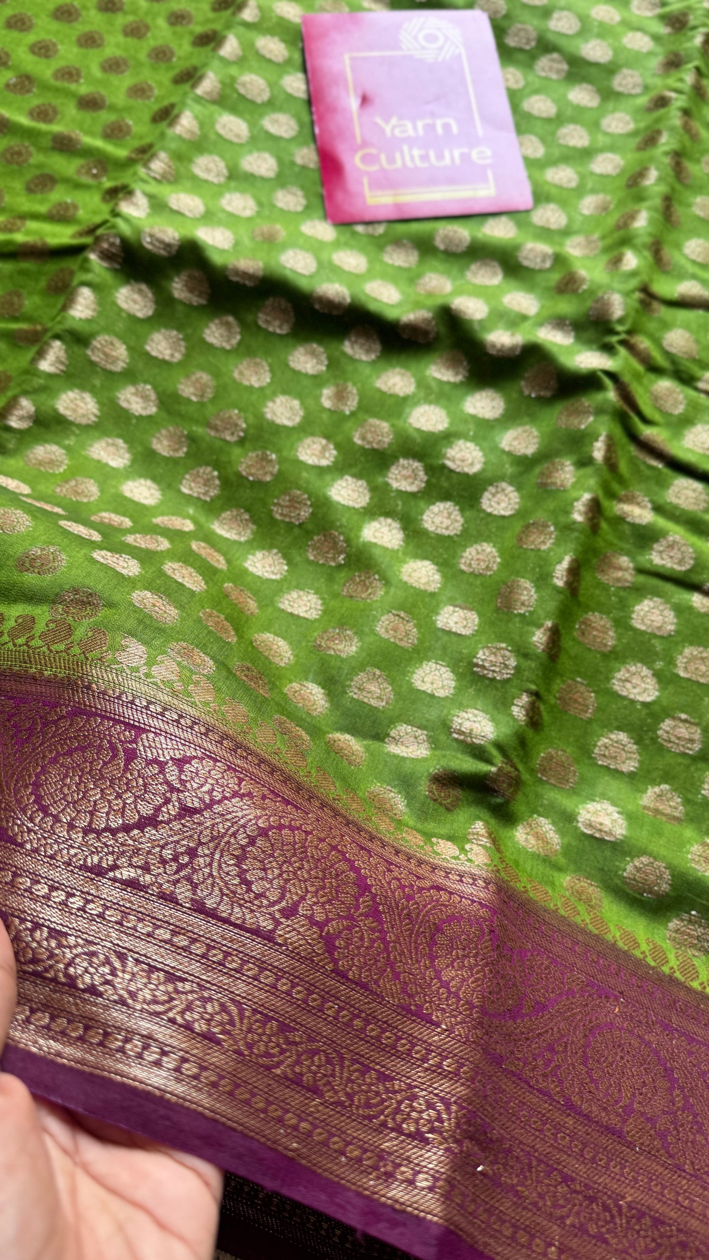 Mehendi Rang - Green antique gold with contrast purple border & pallu, Banarasi semi georgette