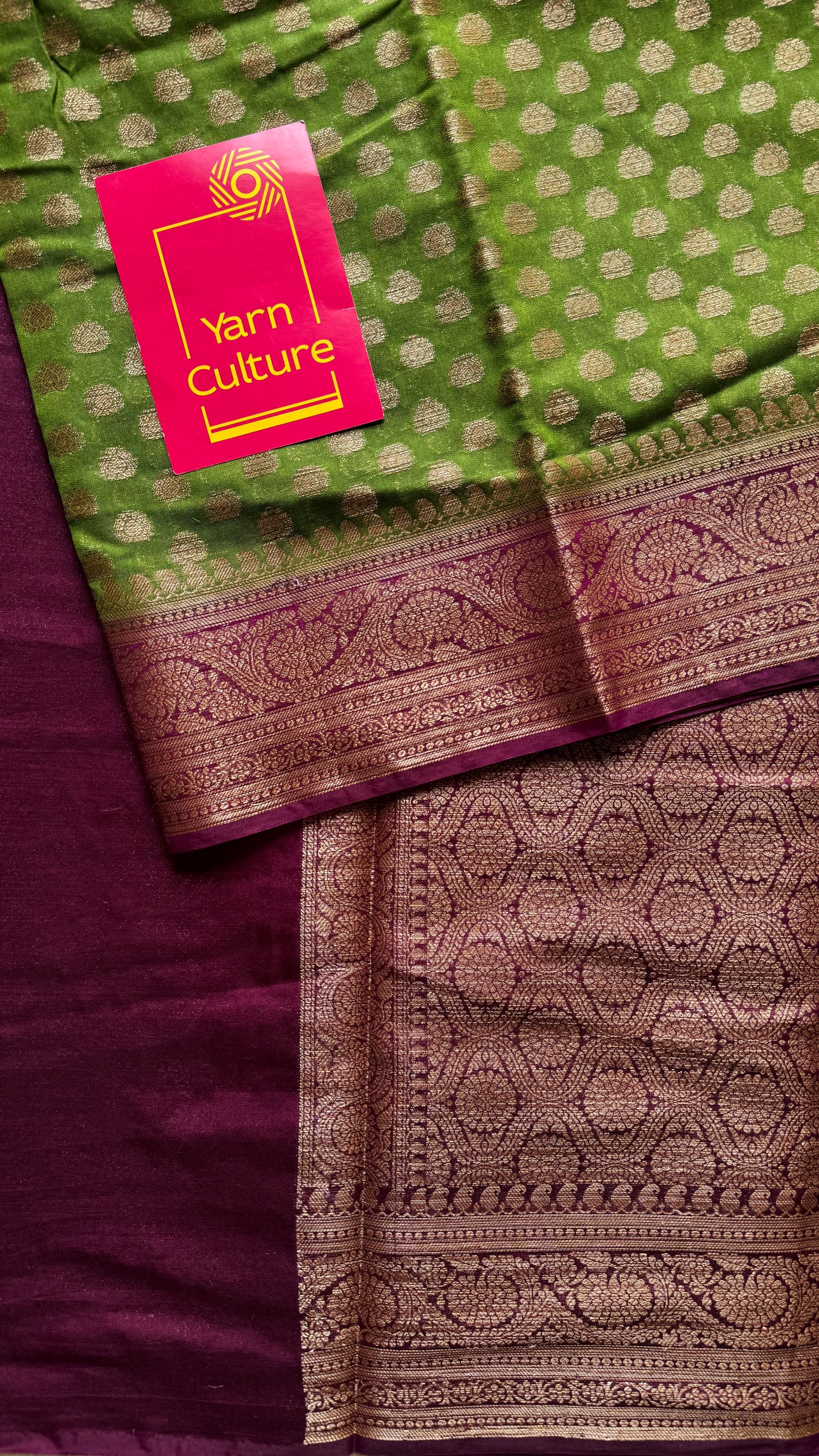 Mehendi Rang - Green antique gold with contrast purple border & pallu, Banarasi semi georgette