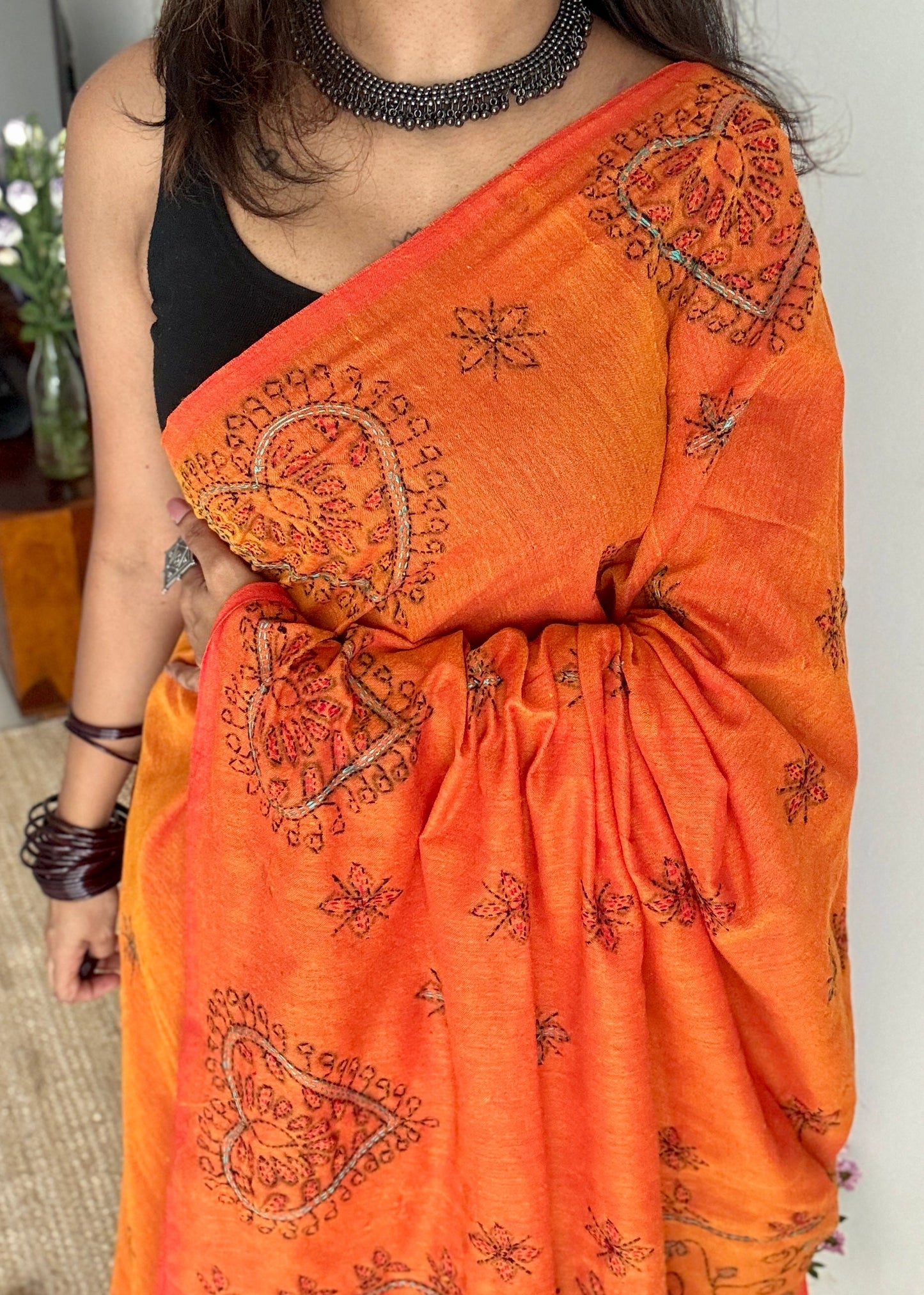 Shondhya Alo (সন্ধ্যা আলো) - Evening Light, orange kantha weave in soft khadi cotton - YCBCKKC03