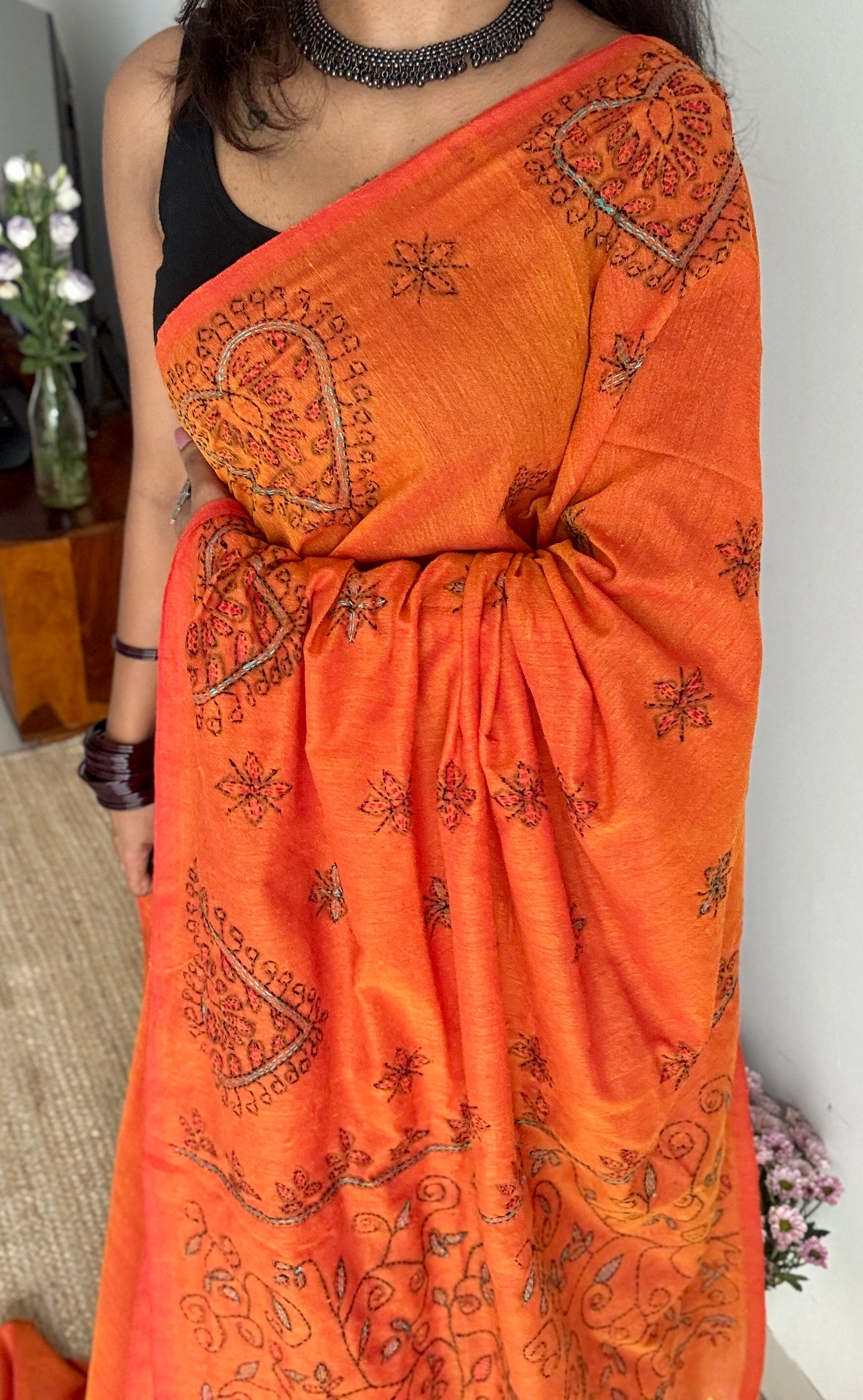 Shondhya Alo (সন্ধ্যা আলো) - Evening Light, orange kantha weave in soft khadi cotton - YCBCKKC03
