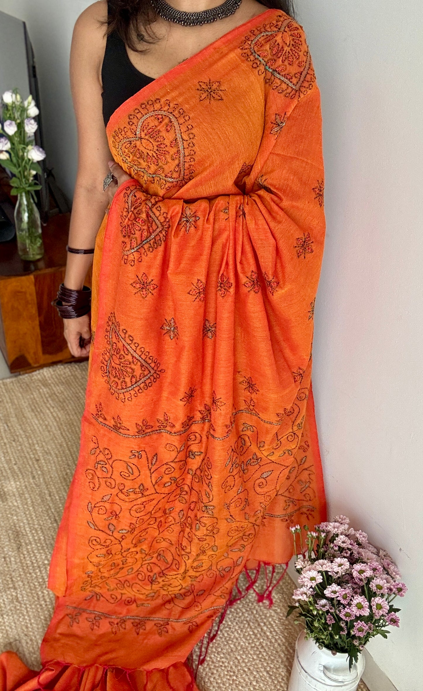 Shondhya Alo (সন্ধ্যা আলো) - Evening Light, orange kantha weave in soft khadi cotton - YCBCKKC03