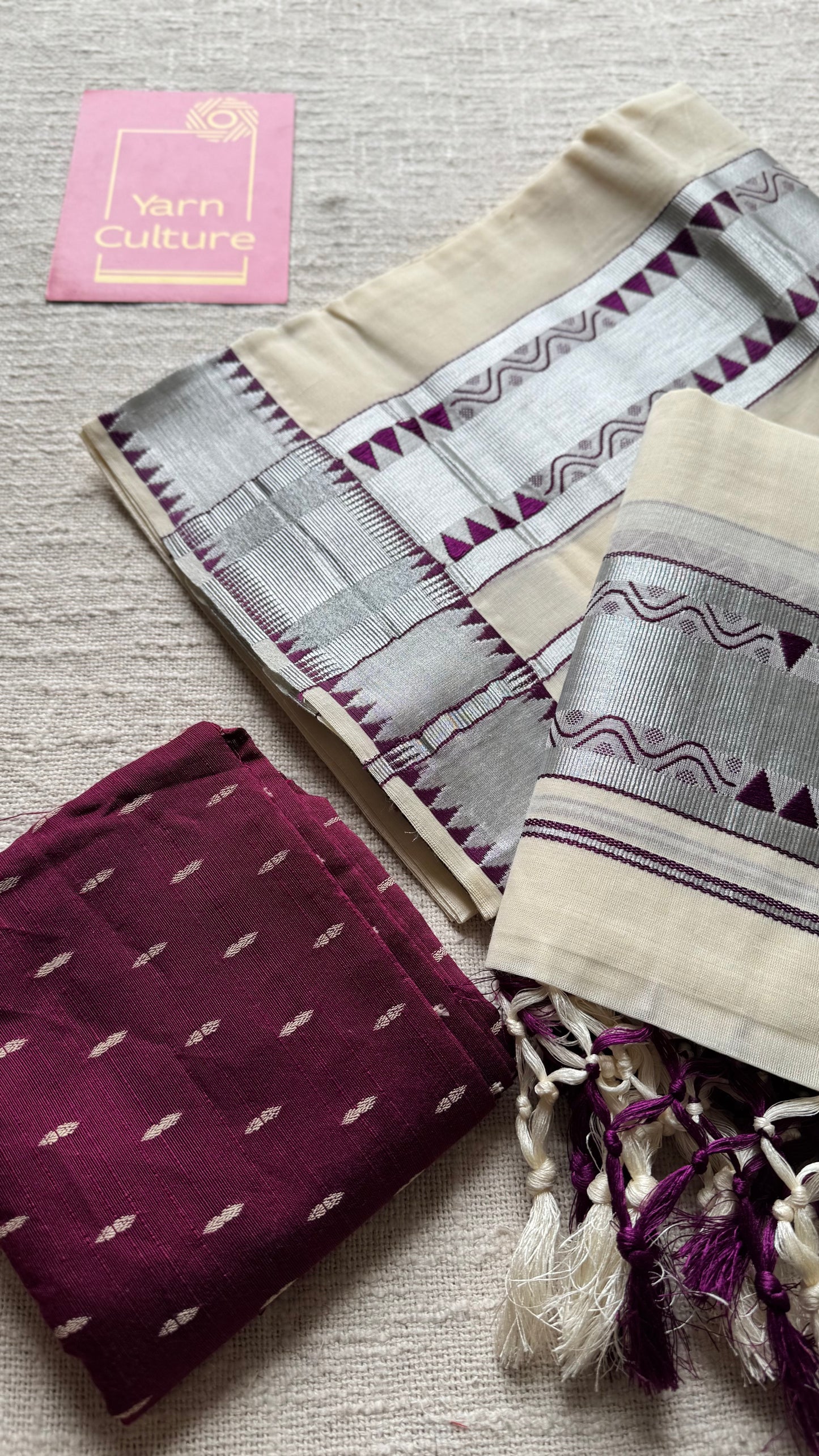 Set mund with temple border, purple with ivory and silver zari - YCON25KCST13