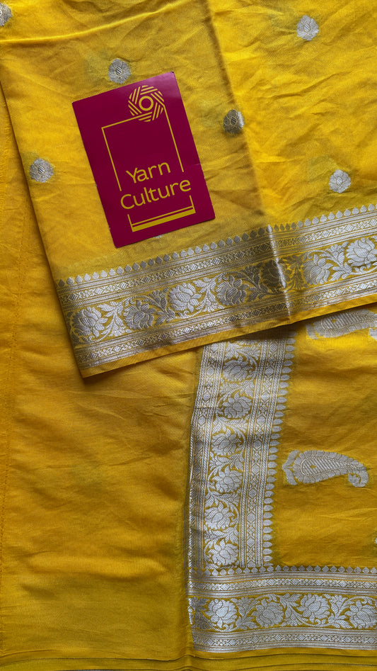 Roshni - Bright yellow silver zari, Banarasi semi chiffon