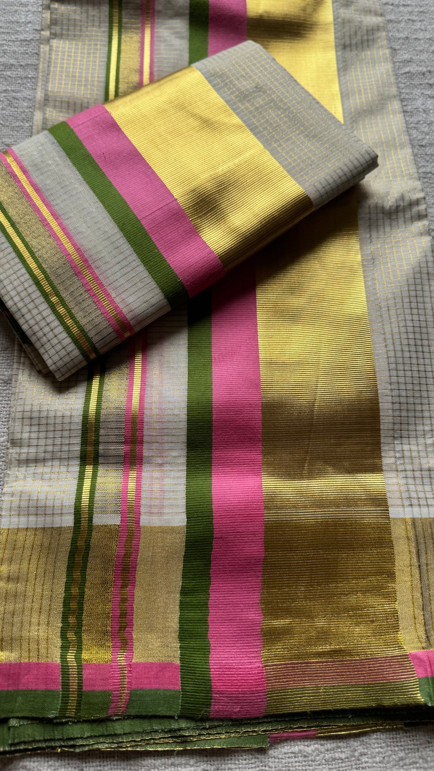Set mund in checkered ivory and gold with pink and green kara (border), kerala tissue cotton- YCON25KCST17