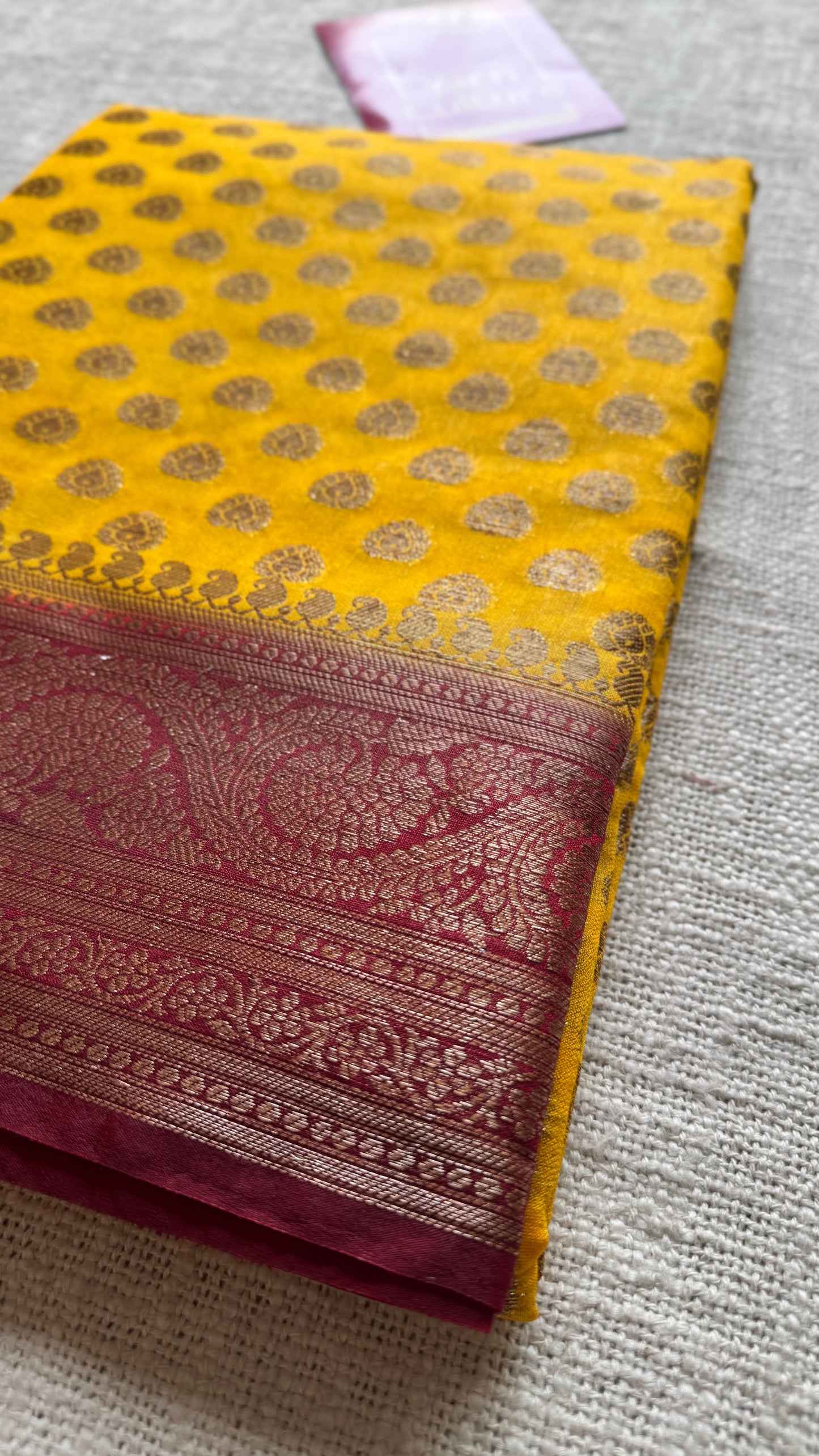 Ujjwala - Yellow antique gold with contrast maroon border & pallu, Banarasi semi georgette