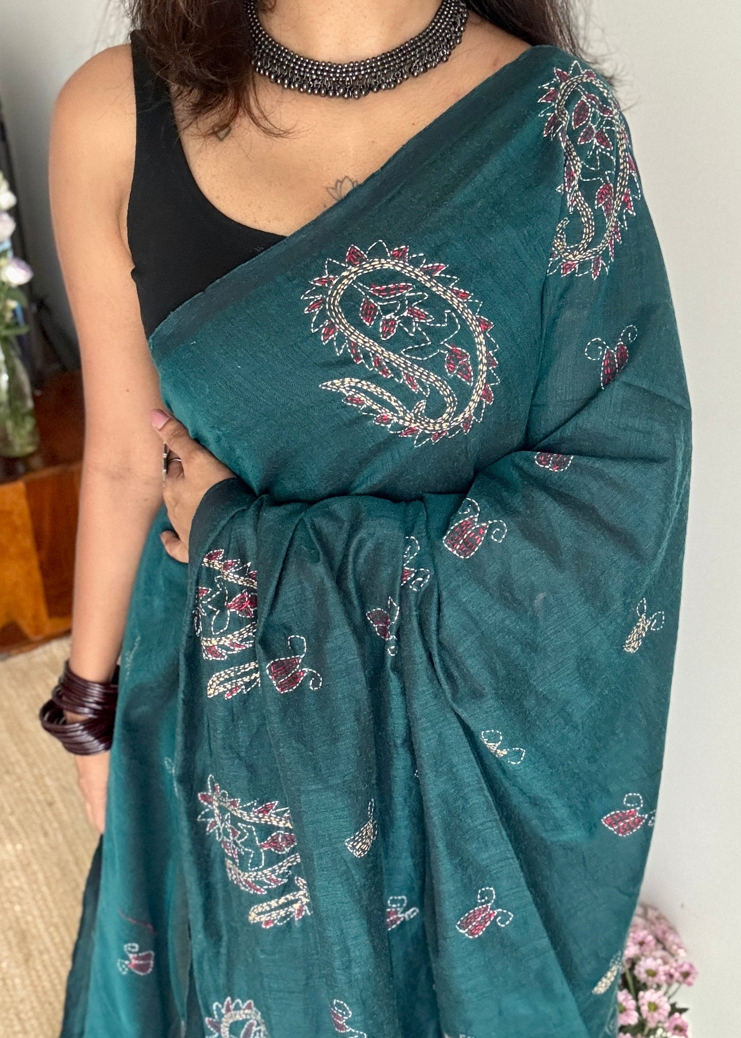 Mayurshobuj (ময়ূরশোবুজ) - Peacock Green, peacock green kantha weave in soft khadi cotton - YCBCKKC09