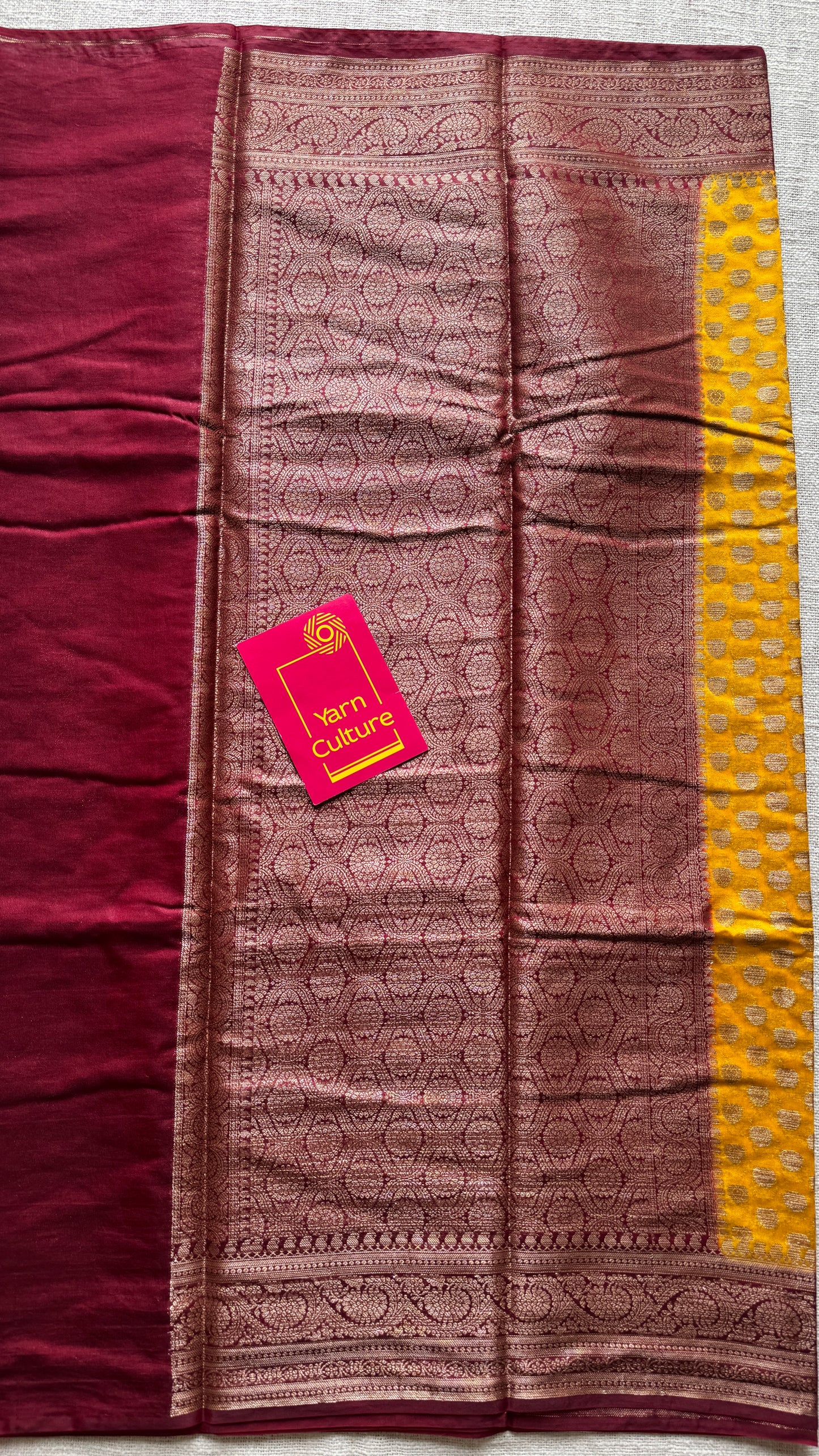 Ujjwala - Yellow antique gold with contrast maroon border & pallu, Banarasi semi georgette