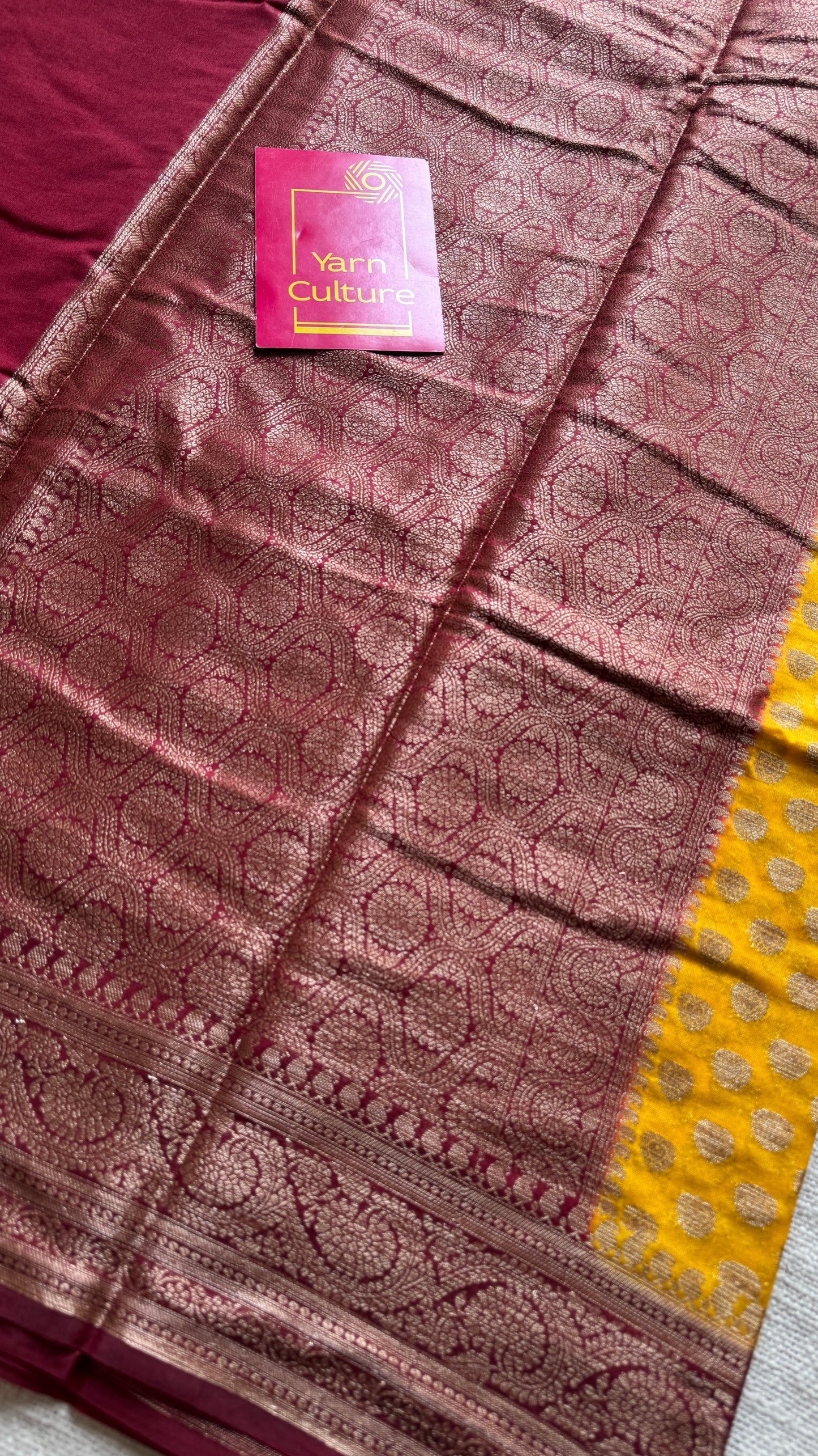Ujjwala - Yellow antique gold with contrast maroon border & pallu, Banarasi semi georgette