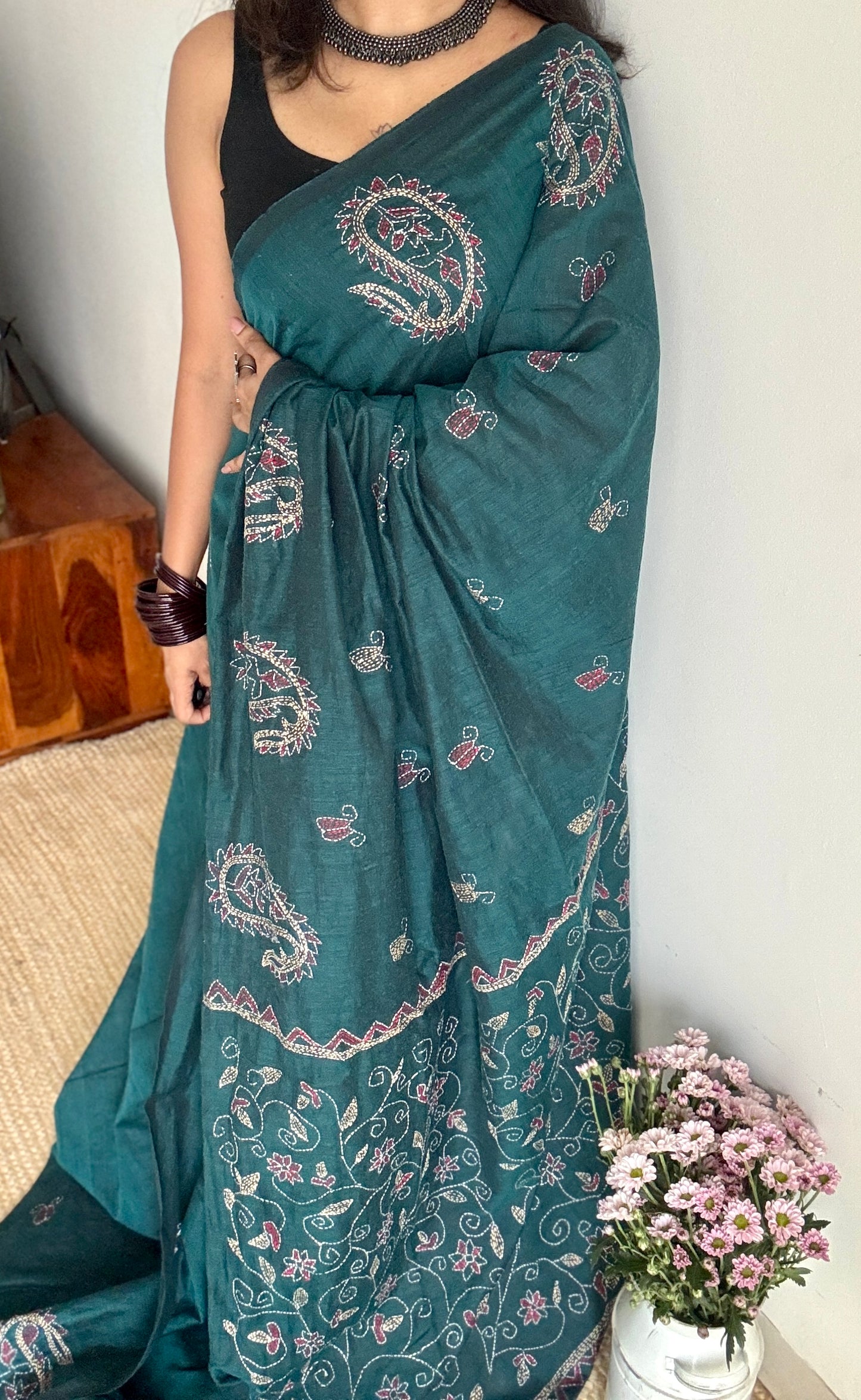 Mayurshobuj (ময়ূরশোবুজ) - Peacock Green, peacock green kantha weave in soft khadi cotton - YCBCKKC09