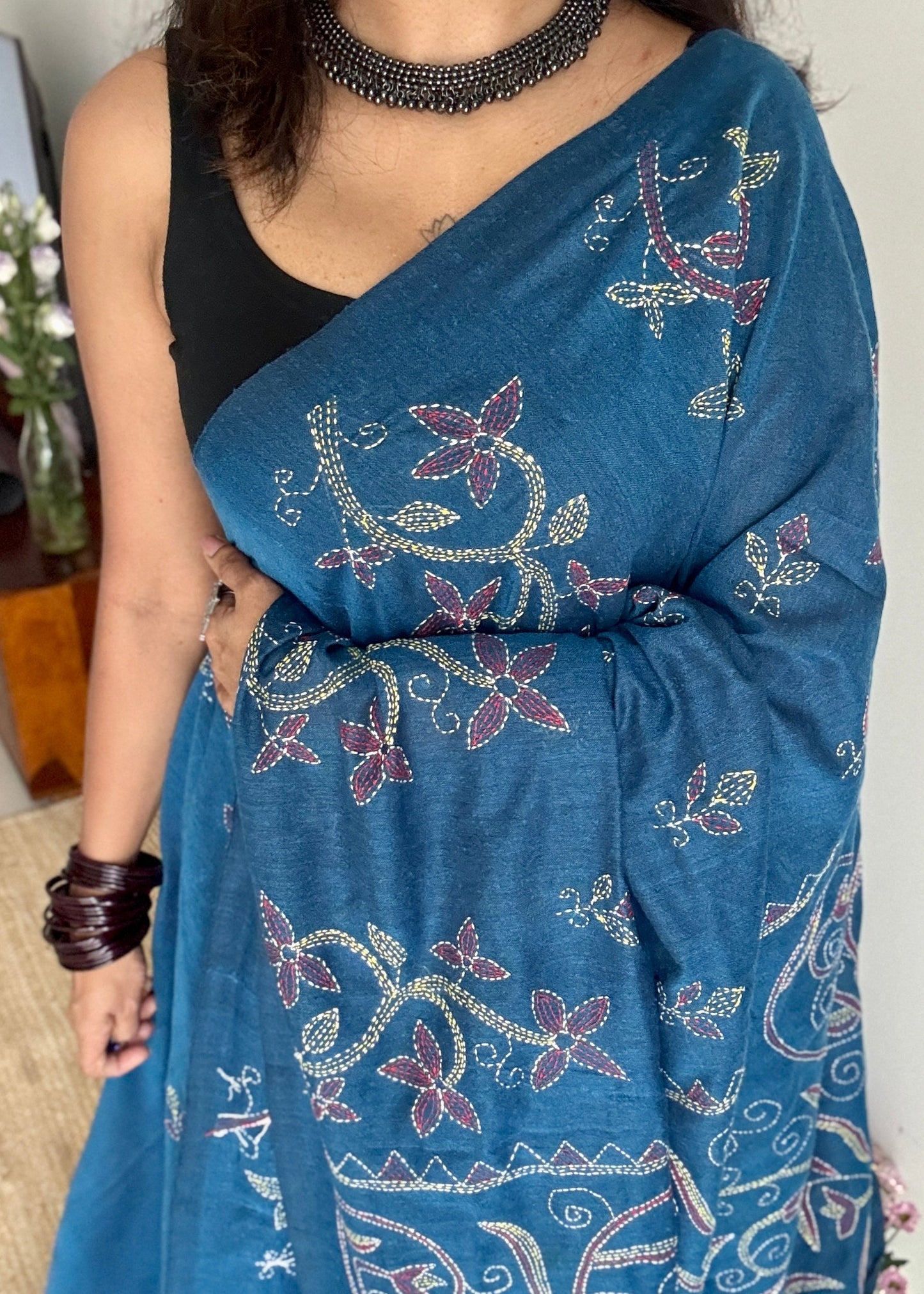 Morupankhi (মরুপঙ্খী) - Peacock Feather, peacock blue kantha weave in soft khadi cotton - YCBCKKC04