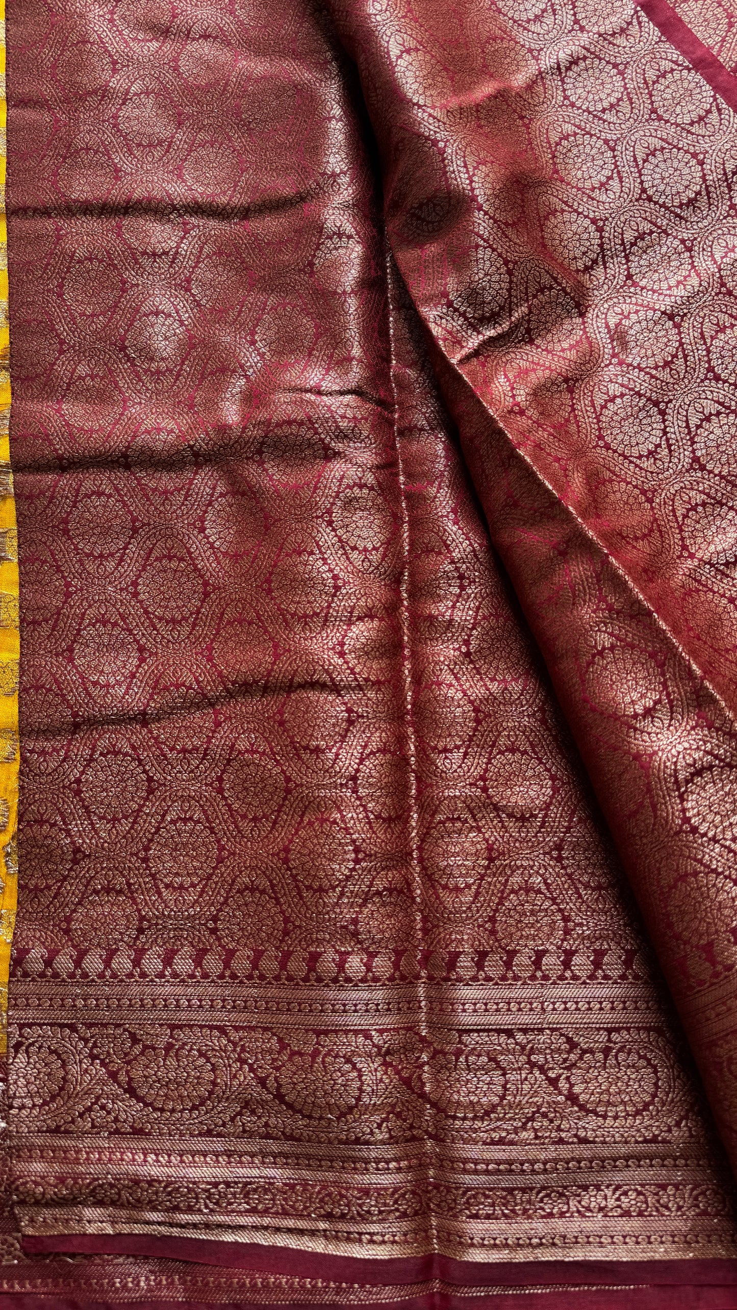 Ujjwala - Yellow antique gold with contrast maroon border & pallu, Banarasi semi georgette
