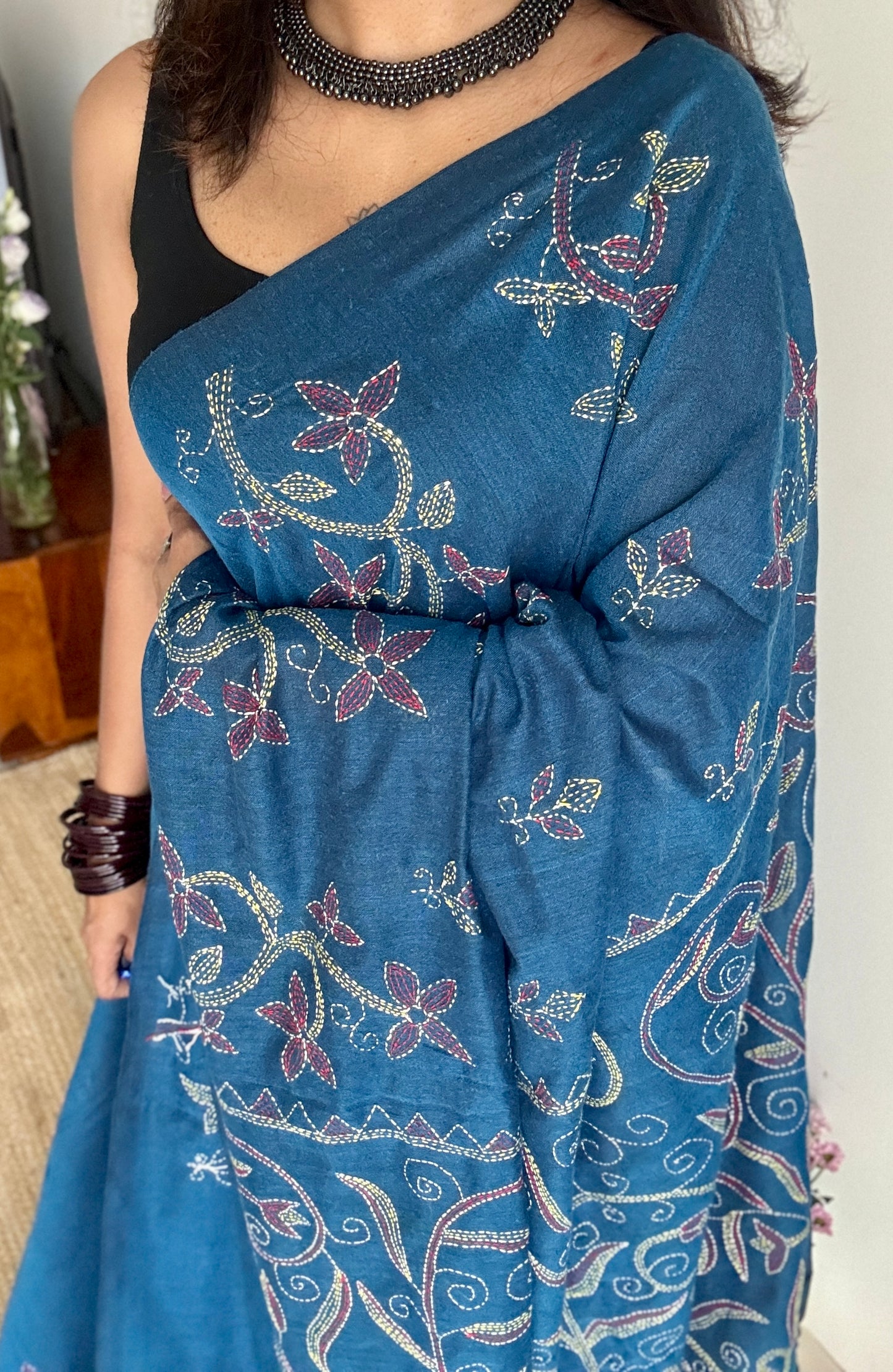 Morupankhi (মরুপঙ্খী) - Peacock Feather, peacock blue kantha weave in soft khadi cotton - YCBCKKC04