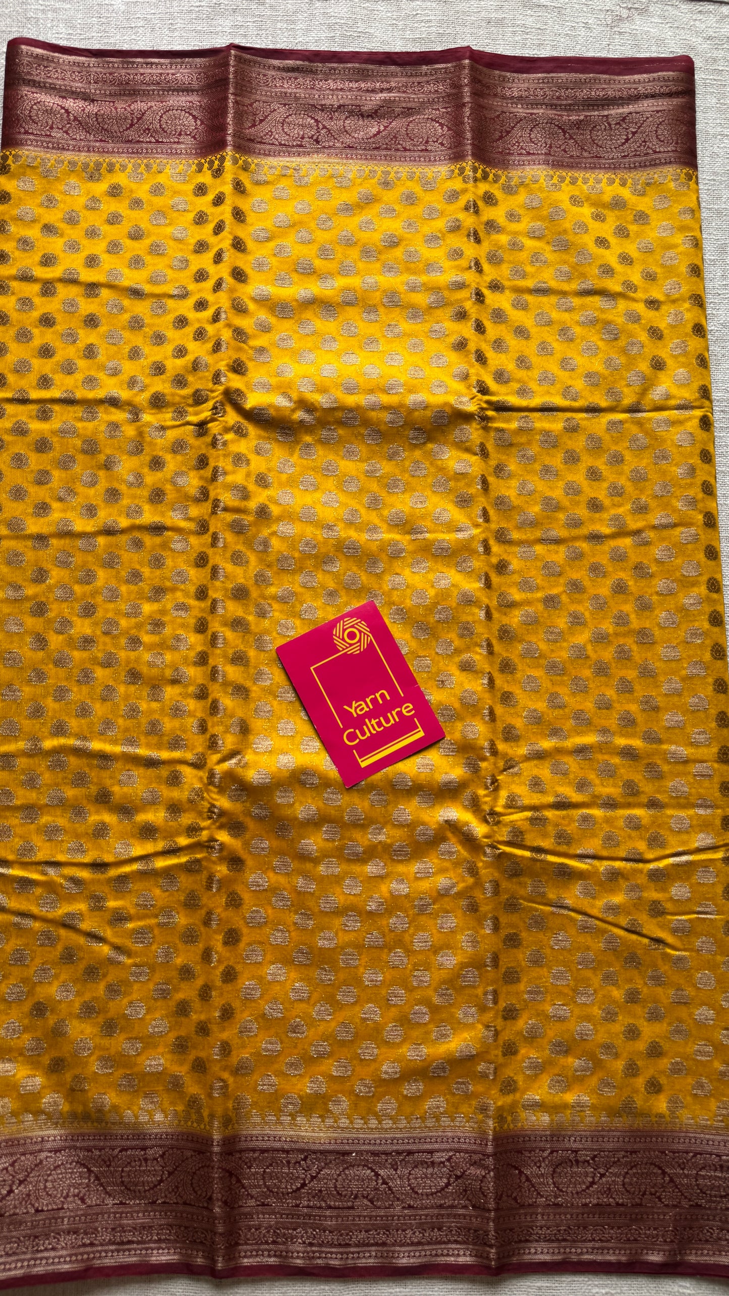 Ujjwala - Yellow antique gold with contrast maroon border & pallu, Banarasi semi georgette