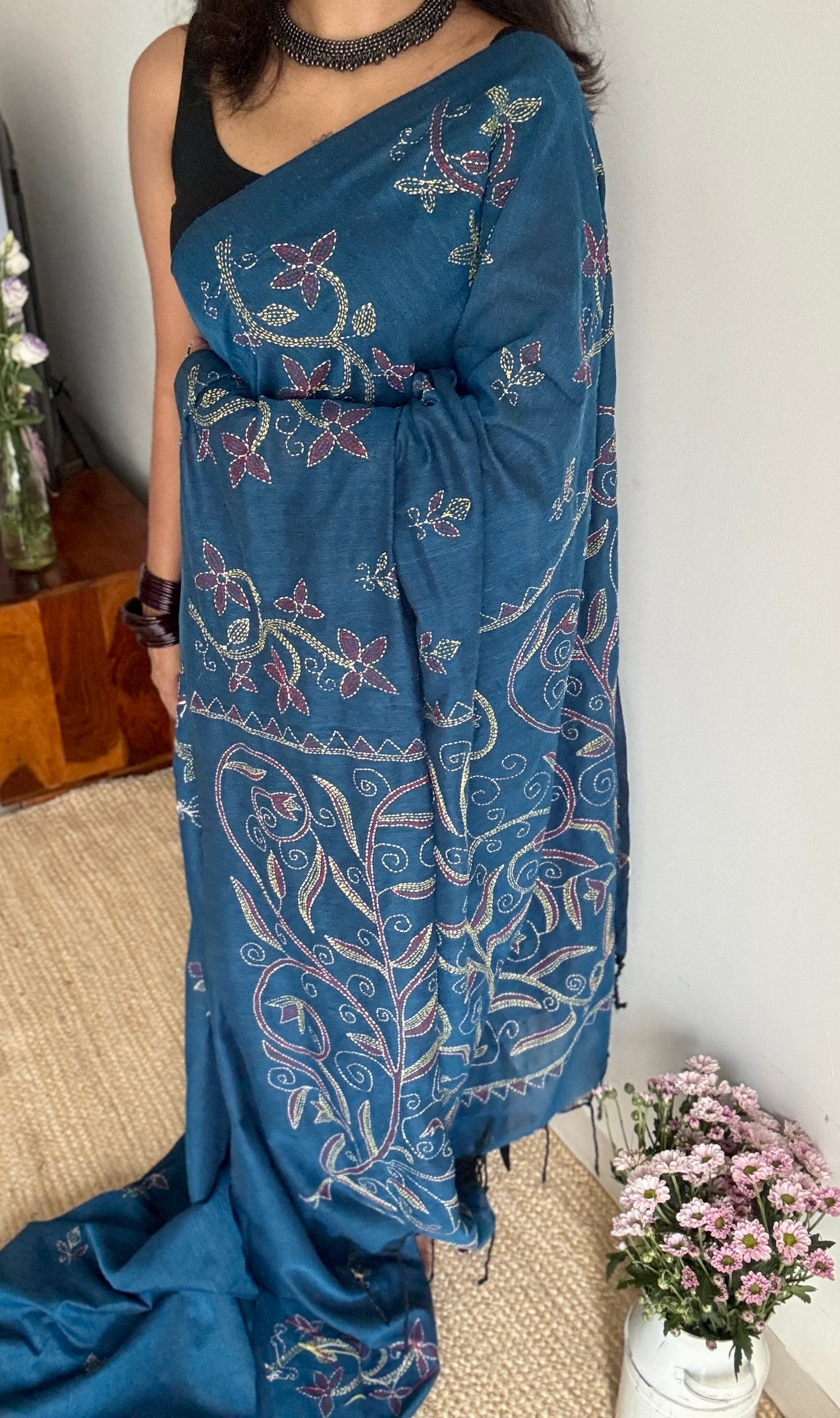Morupankhi (মরুপঙ্খী) - Peacock Feather, peacock blue kantha weave in soft khadi cotton - YCBCKKC04